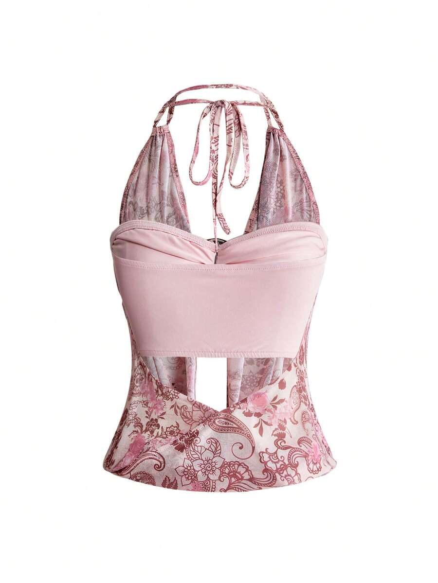 Women's cowl neck halter crop tank top featuring a draped backless design and matching bandeau inner layer.