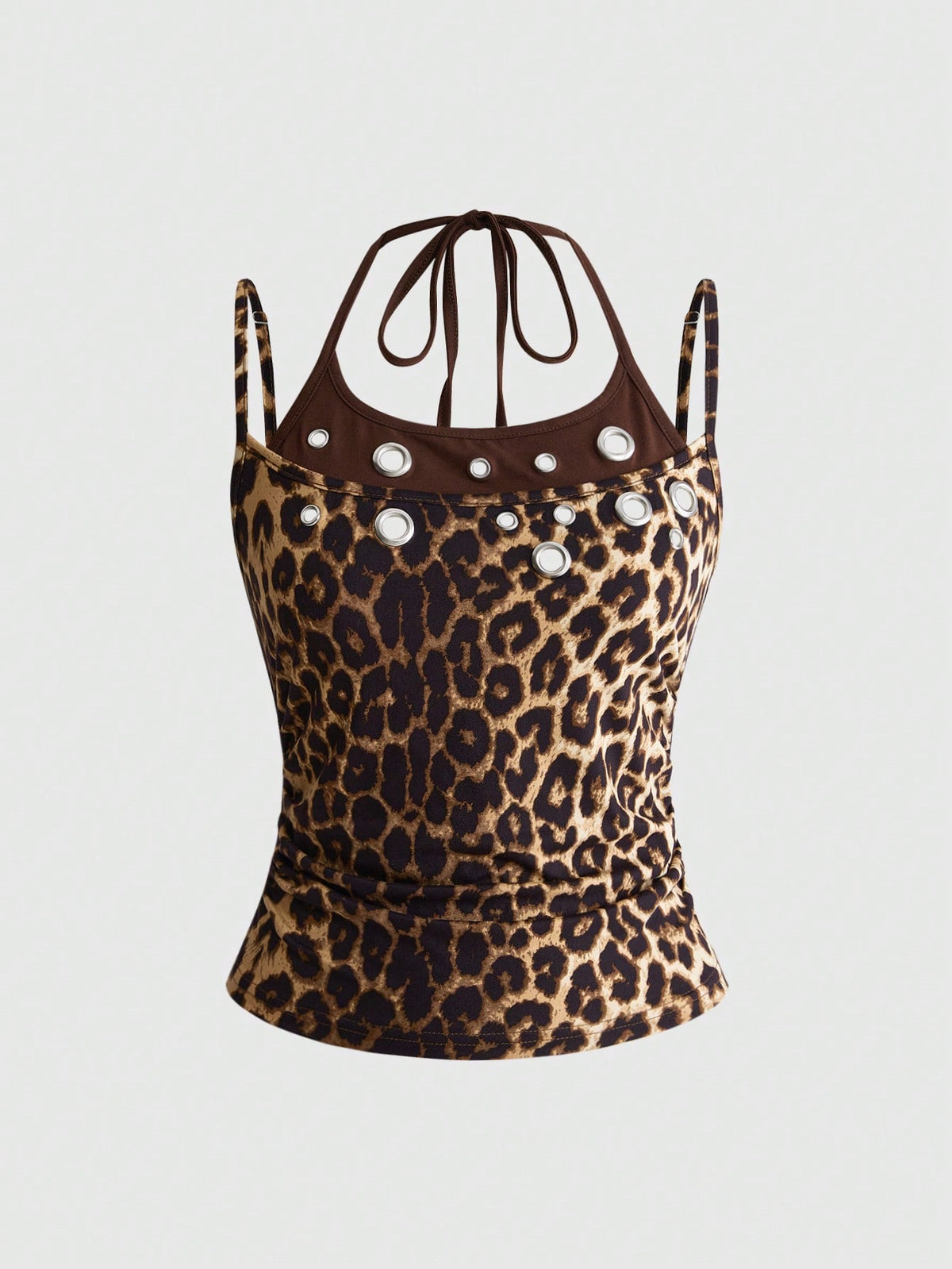 Black halter crop tank top for women featuring lace up front details, ruched accents, and appliques in a slim fit knitted fabric.