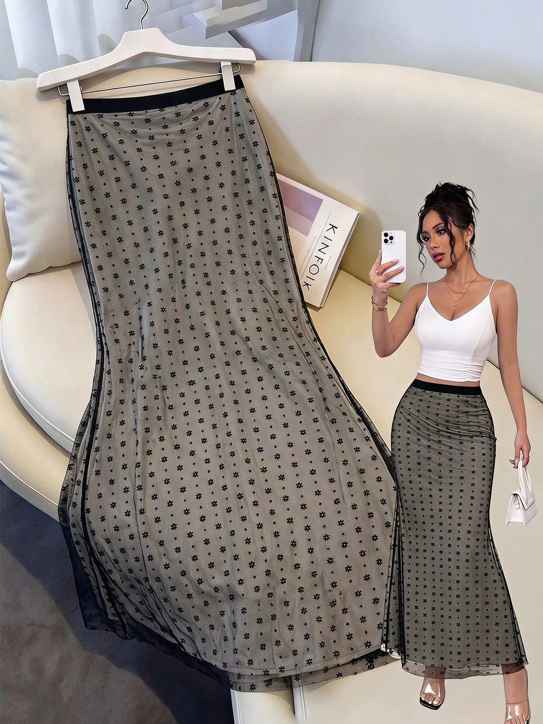 Black lace mermaid maxi skirt for women featuring high waist and plant graphic print