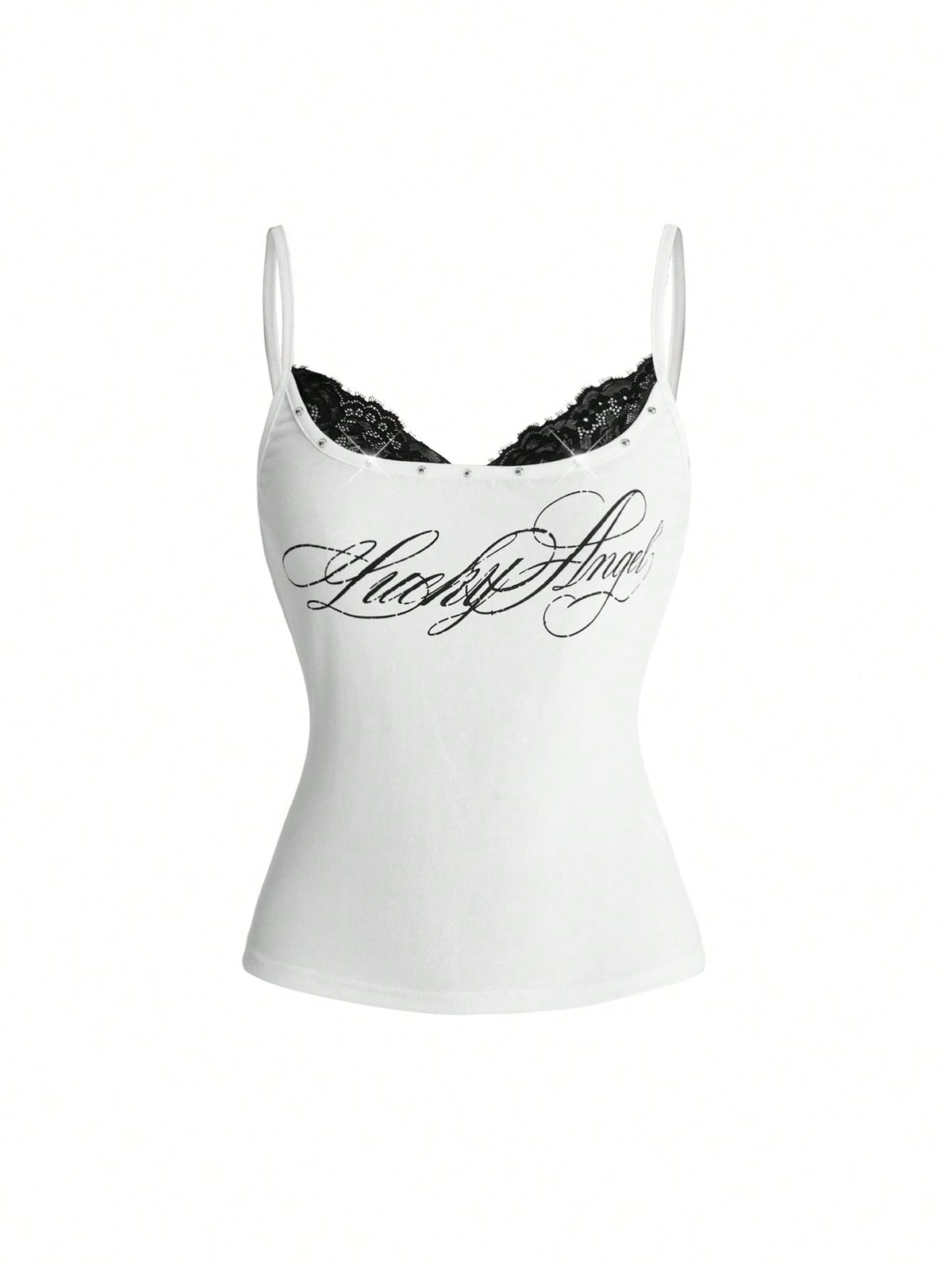 Black 2-in-1 lace patchwork cami tank top featuring spaghetti straps, contrast lace trim, and matching arm sleeves.