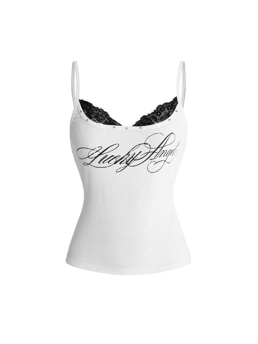 Black 2-in-1 lace patchwork cami tank top featuring spaghetti straps, contrast lace trim, and matching arm sleeves.