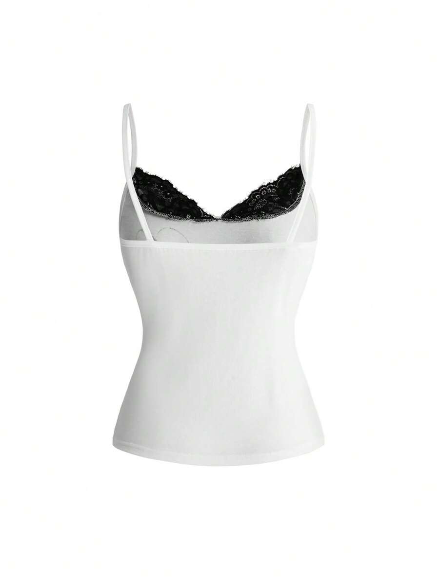 Black 2-in-1 lace patchwork cami tank top featuring spaghetti straps, contrast lace trim, and matching arm sleeves.