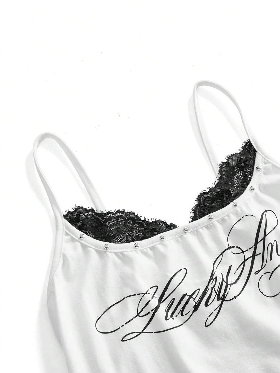 Black 2-in-1 lace patchwork cami tank top featuring spaghetti straps, contrast lace trim, and matching arm sleeves.