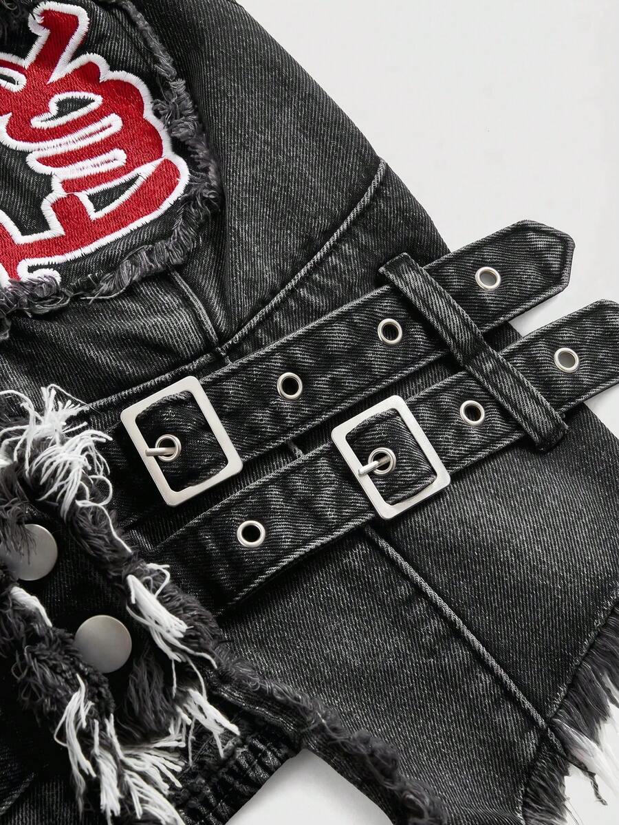 Women's denim halter crop top featuring a backless design, asymmetrical hem, single-breasted front, and lettuce trim.