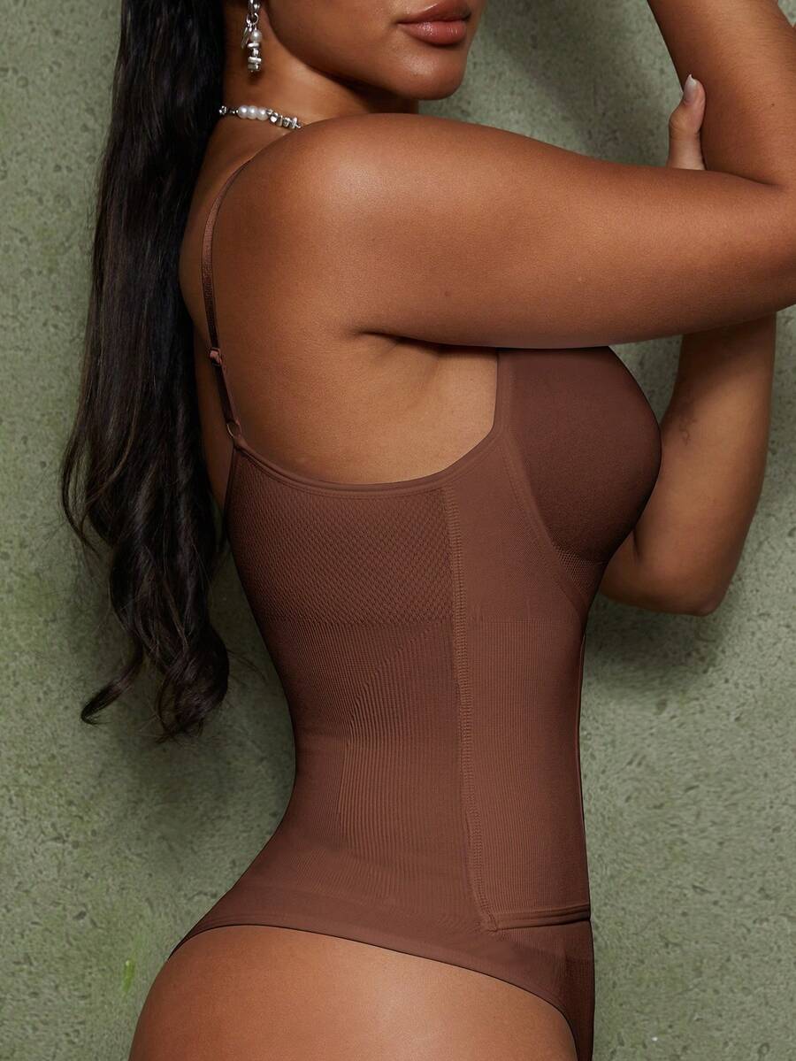 Women's backless waist shaping shapewear bodysuit in black featuring high stretch fabric and ultra light tummy support.