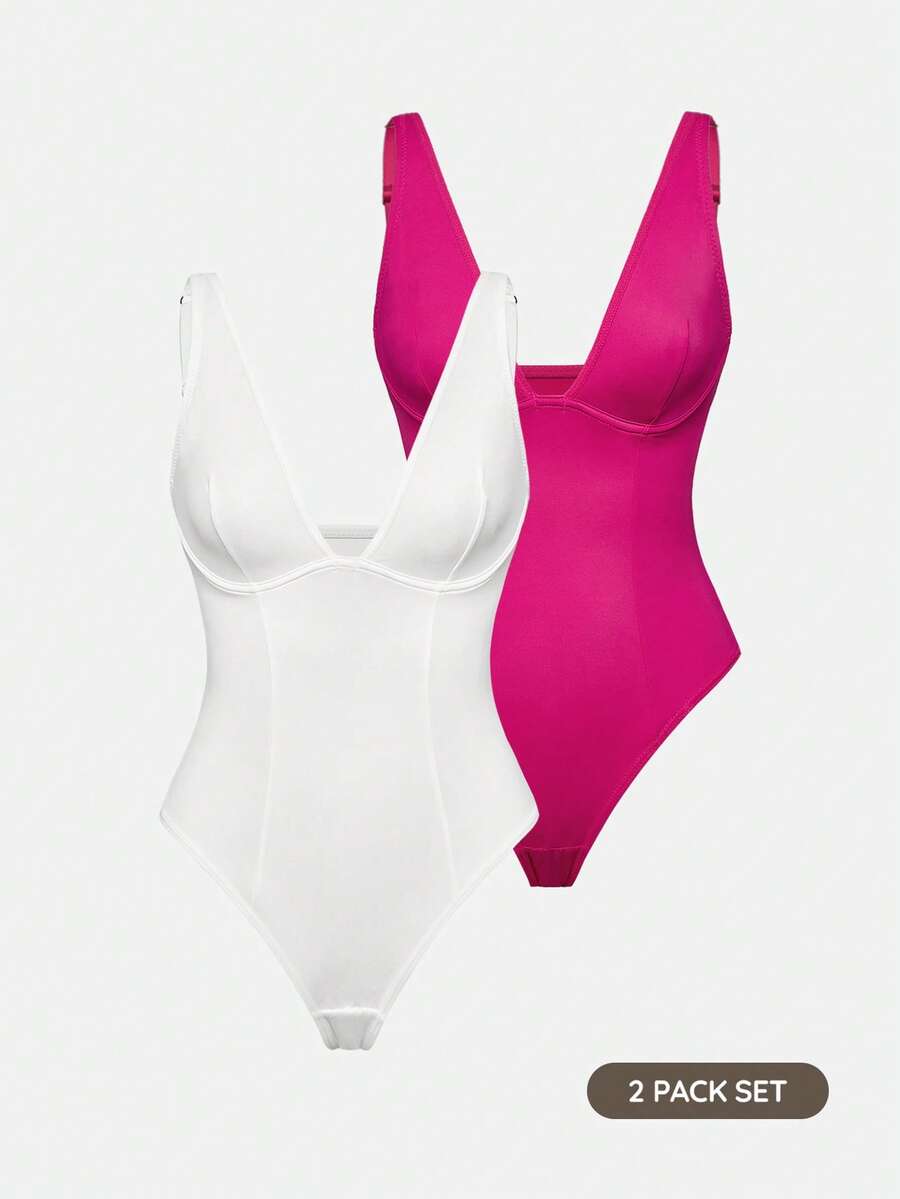Apricot backless shapewear bodysuit with thong cut, cup details, and high-stretch fabric for light tummy support.