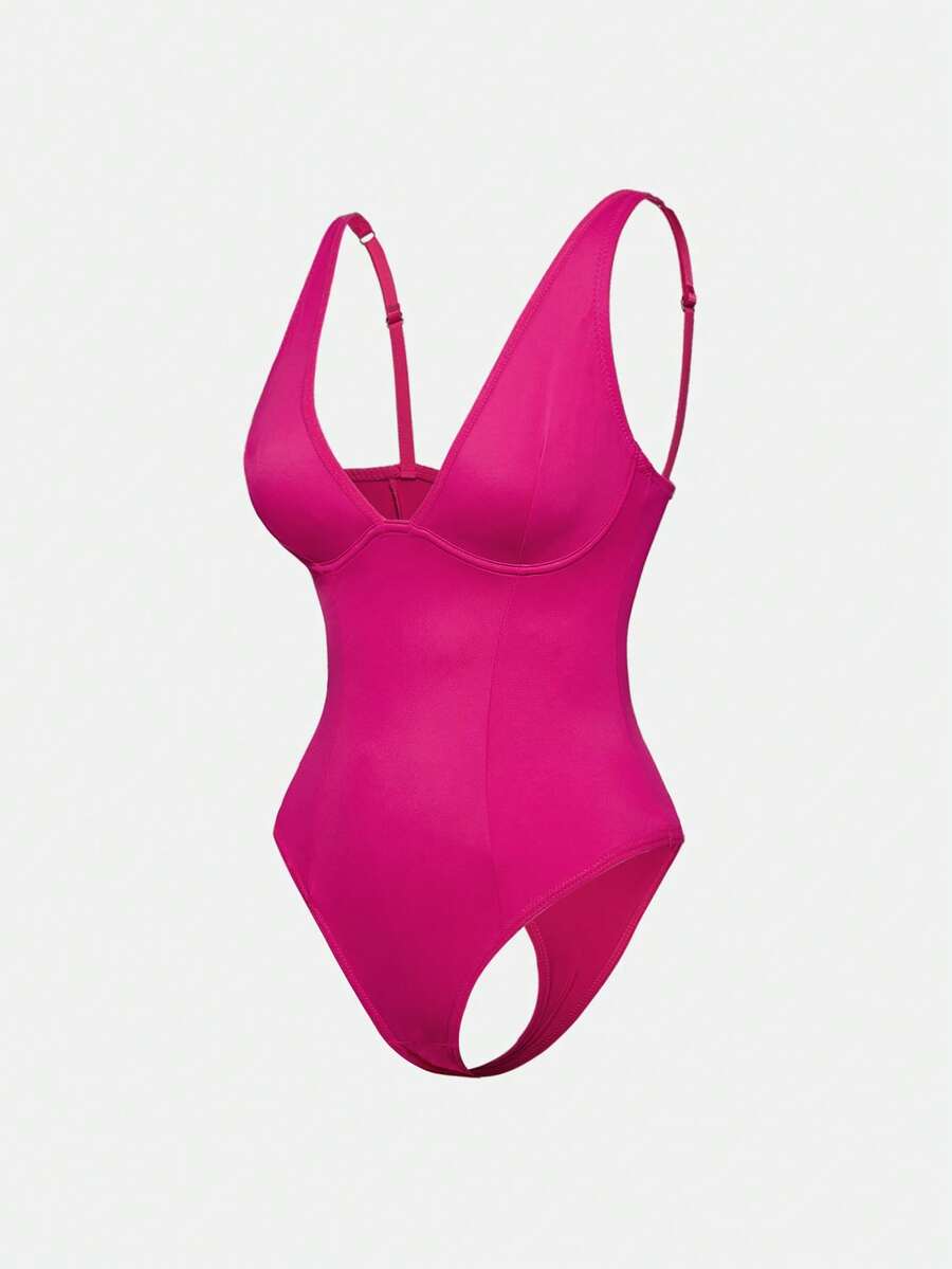 Apricot backless shapewear bodysuit with thong cut, cup details, and high-stretch fabric for light tummy support.