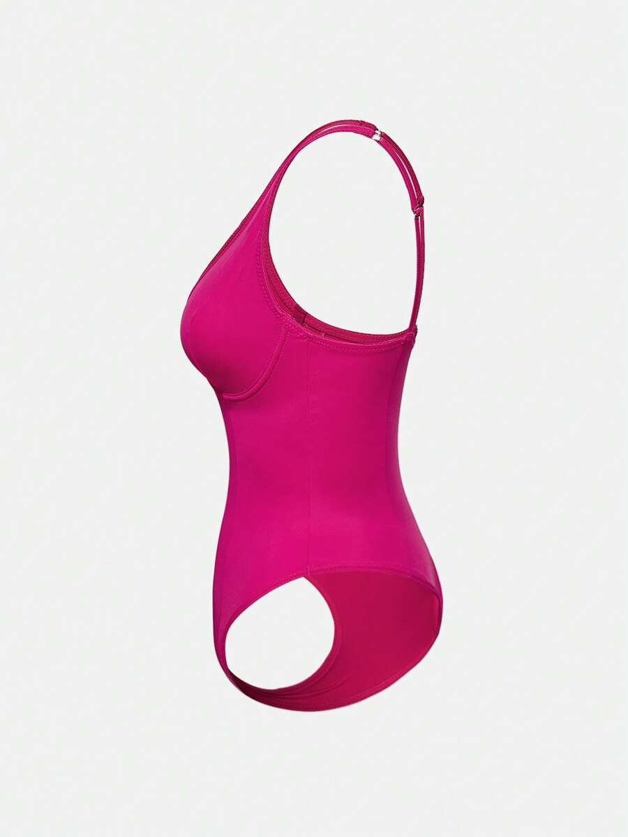 Apricot backless shapewear bodysuit with thong cut, cup details, and high-stretch fabric for light tummy support.