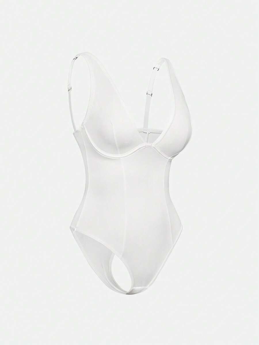 Apricot backless shapewear bodysuit with thong cut, cup details, and high-stretch fabric for light tummy support.