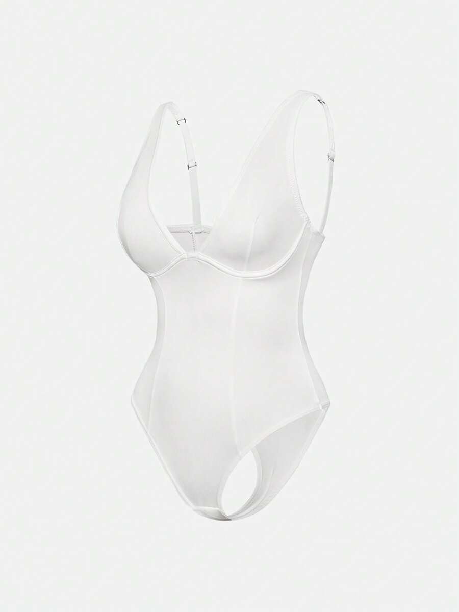 Apricot backless shapewear bodysuit with thong cut, cup details, and high-stretch fabric for light tummy support.