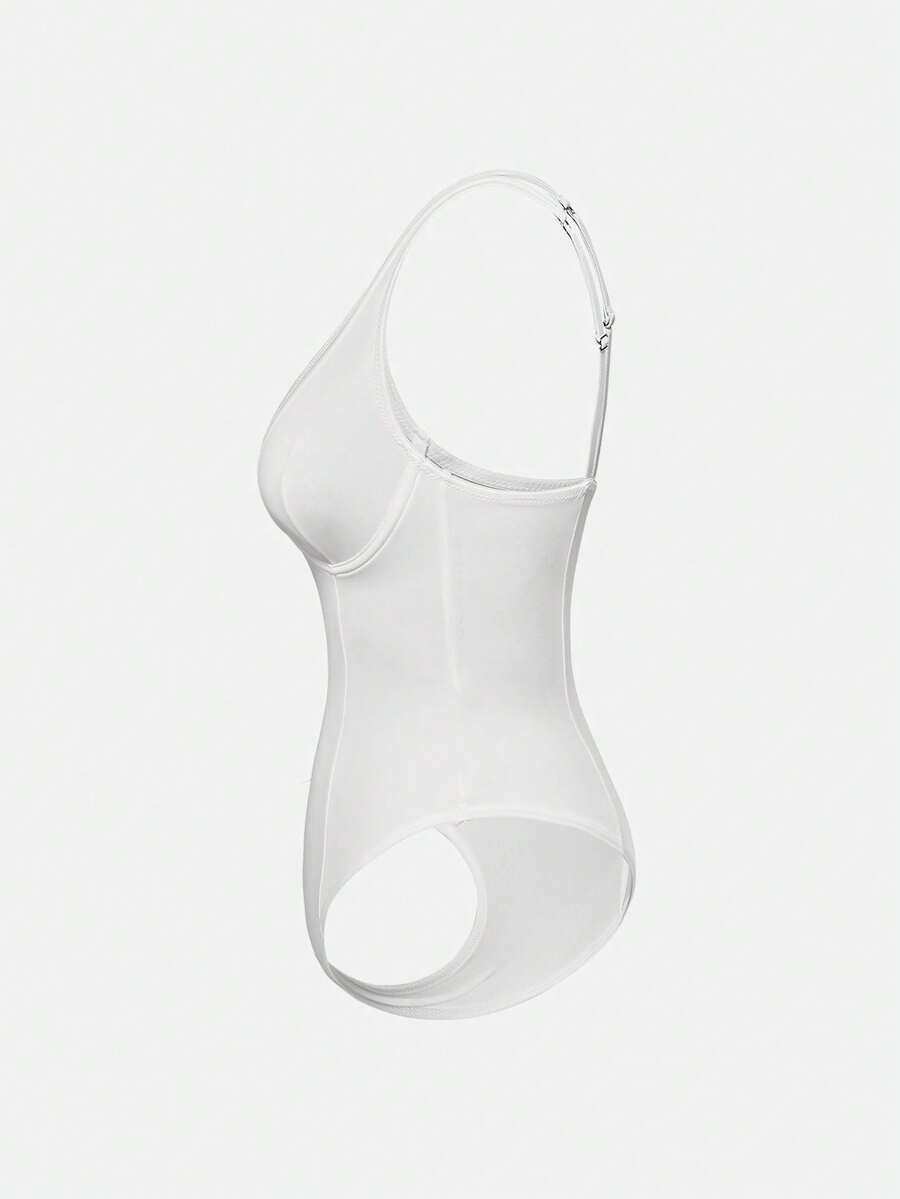 Apricot backless shapewear bodysuit with thong cut, cup details, and high-stretch fabric for light tummy support.