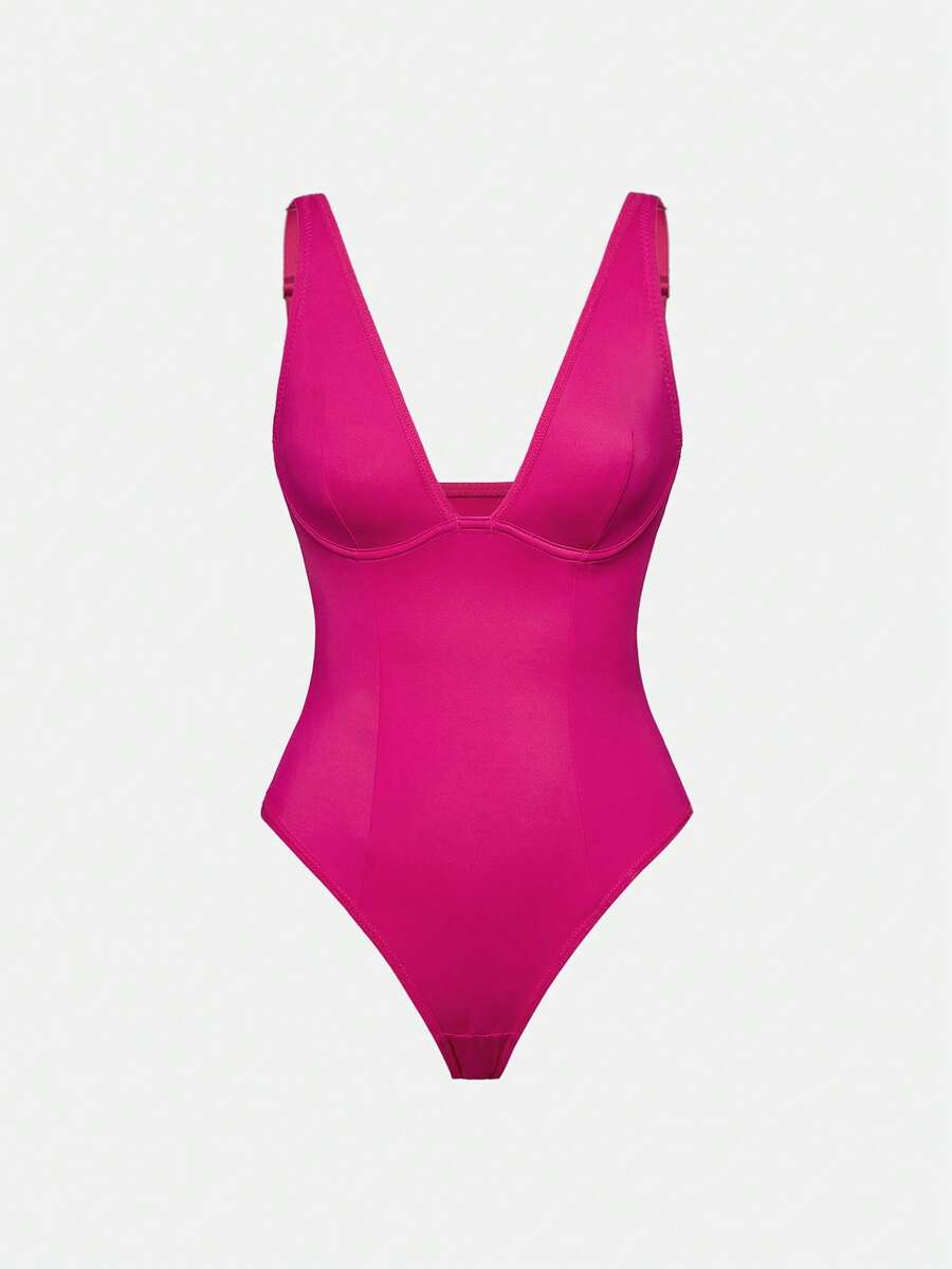 Apricot backless shapewear bodysuit with thong cut, cup details, and high-stretch fabric for light tummy support.