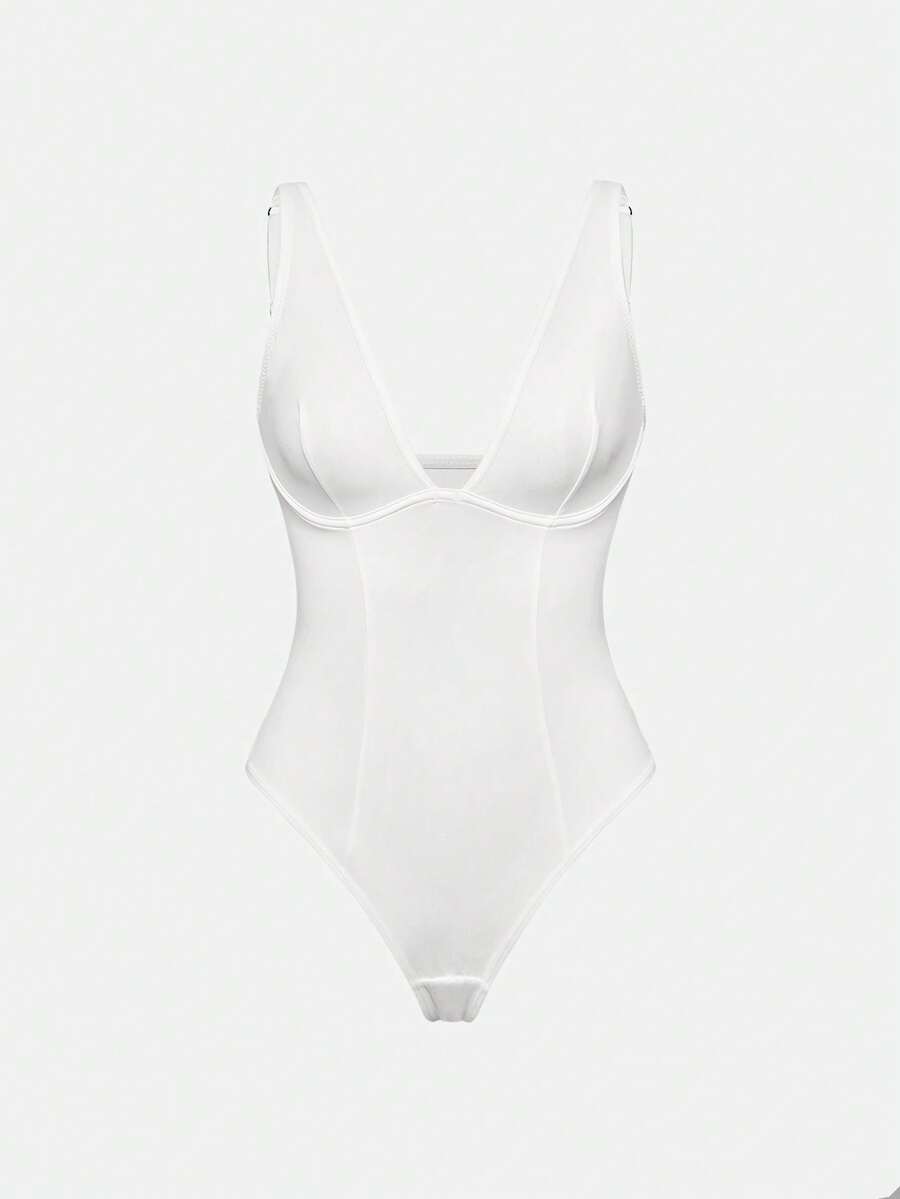 Apricot backless shapewear bodysuit with thong cut, cup details, and high-stretch fabric for light tummy support.