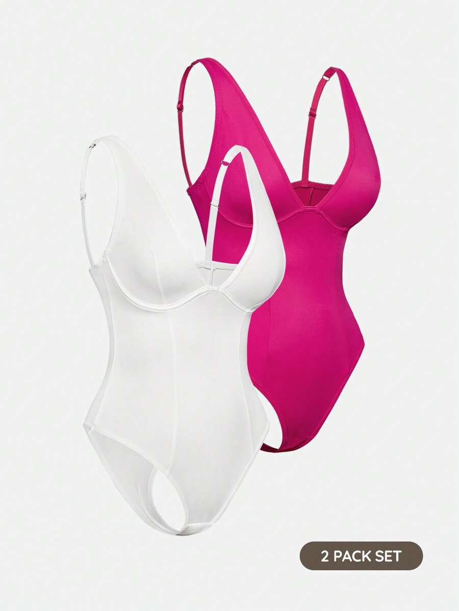 Apricot backless shapewear bodysuit with thong cut, cup details, and high-stretch fabric for light tummy support.