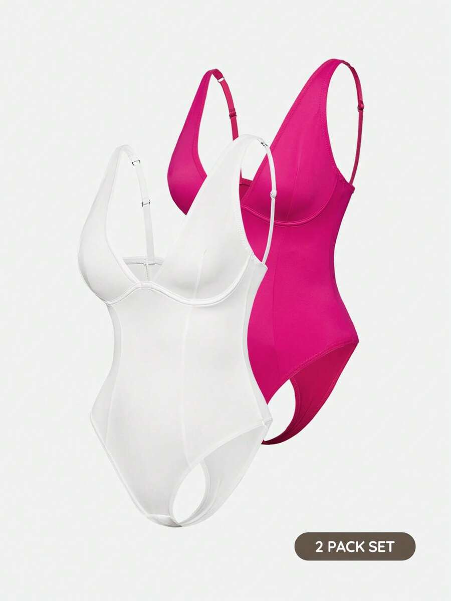 Apricot backless shapewear bodysuit with thong cut, cup details, and high-stretch fabric for light tummy support.