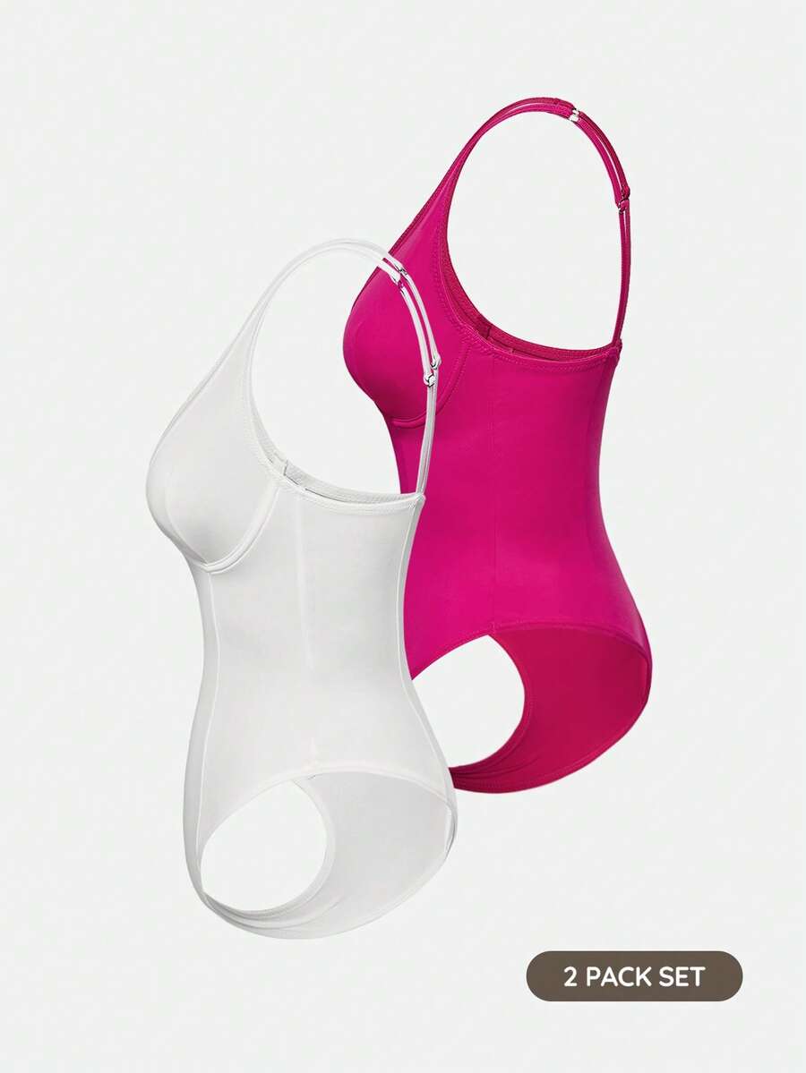 Apricot backless shapewear bodysuit with thong cut, cup details, and high-stretch fabric for light tummy support.