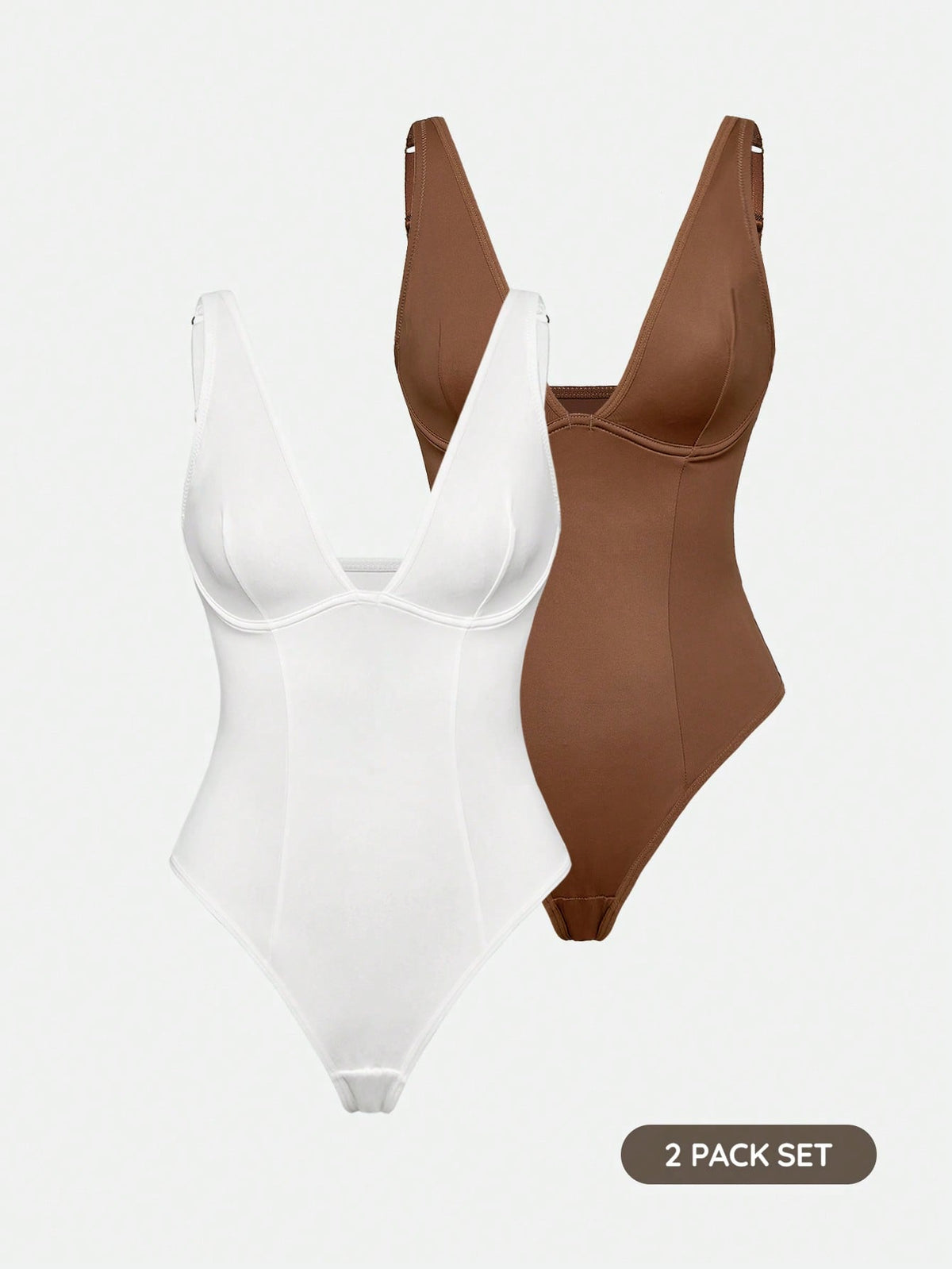 Apricot backless shapewear bodysuit with thong cut, cup details, and high-stretch fabric for light tummy support.