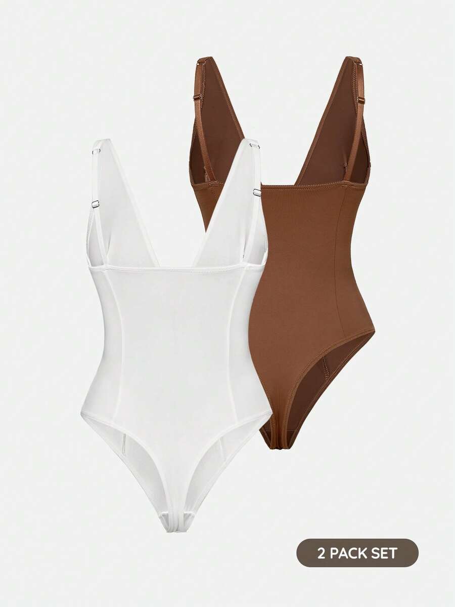 Apricot backless shapewear bodysuit with thong cut, cup details, and high-stretch fabric for light tummy support.