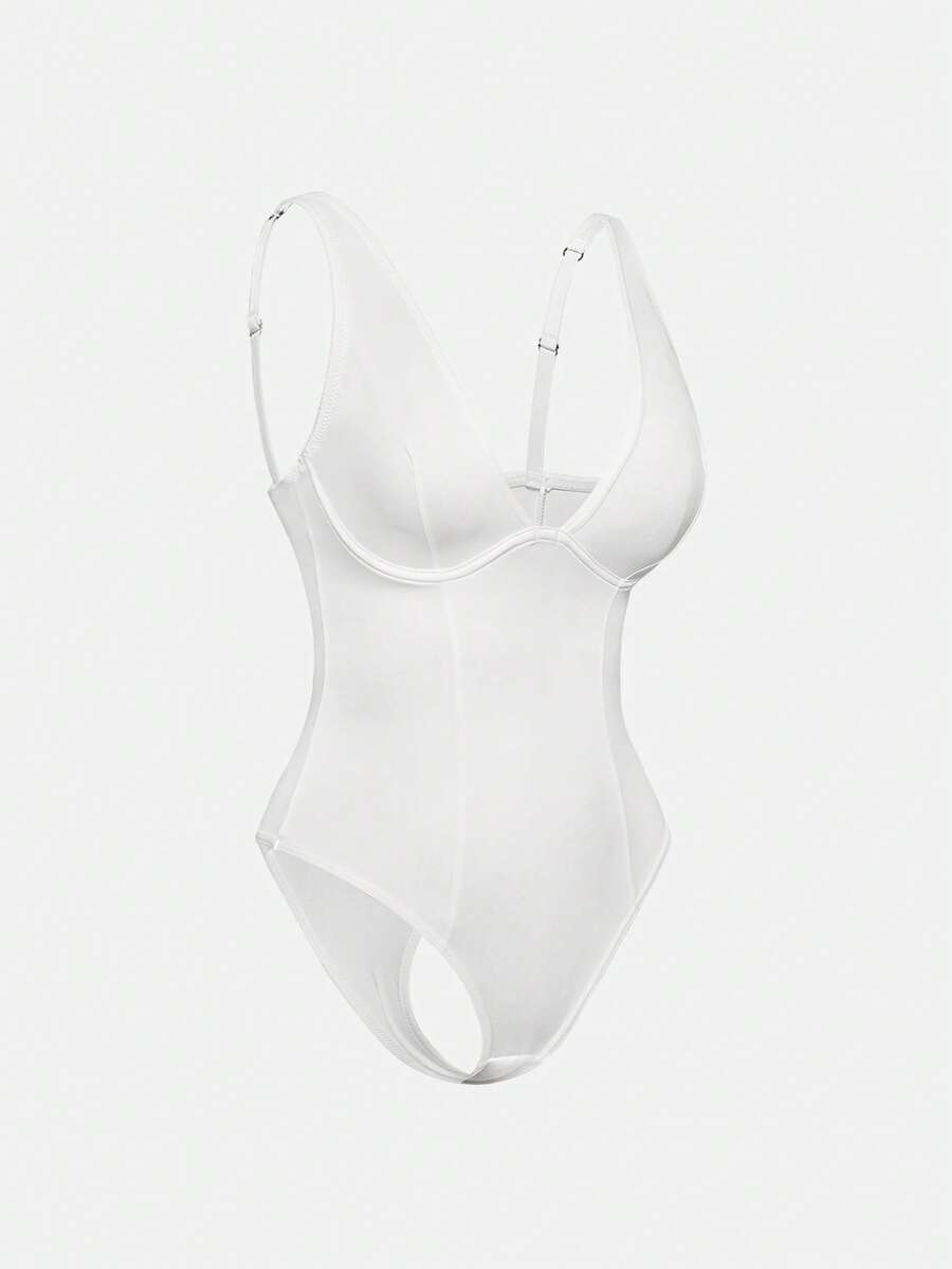 Apricot backless shapewear bodysuit with thong cut, cup details, and high-stretch fabric for light tummy support.
