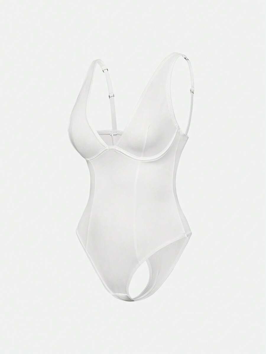 Apricot backless shapewear bodysuit with thong cut, cup details, and high-stretch fabric for light tummy support.