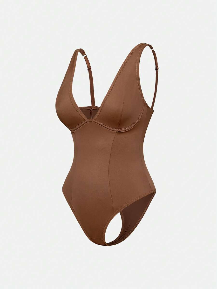 Apricot backless shapewear bodysuit with thong cut, cup details, and high-stretch fabric for light tummy support.