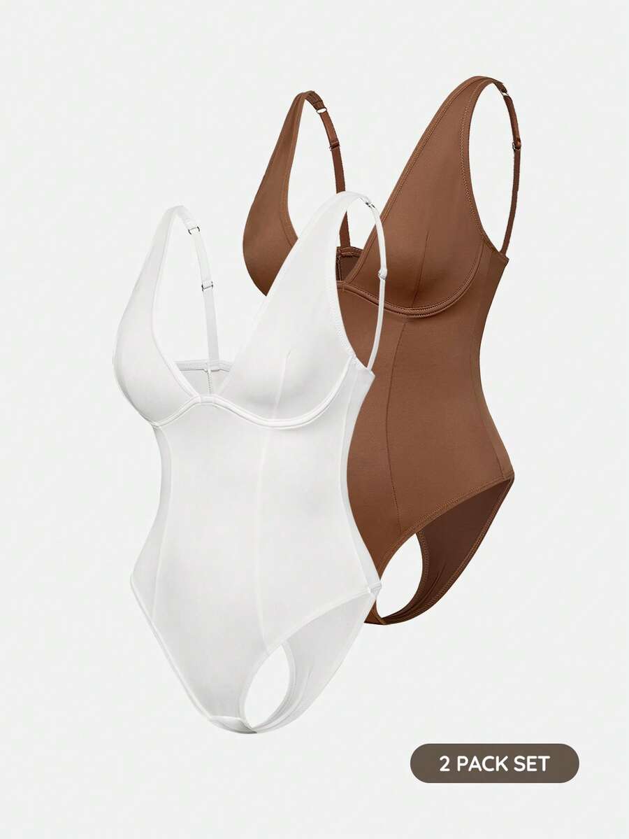 Apricot backless shapewear bodysuit with thong cut, cup details, and high-stretch fabric for light tummy support.