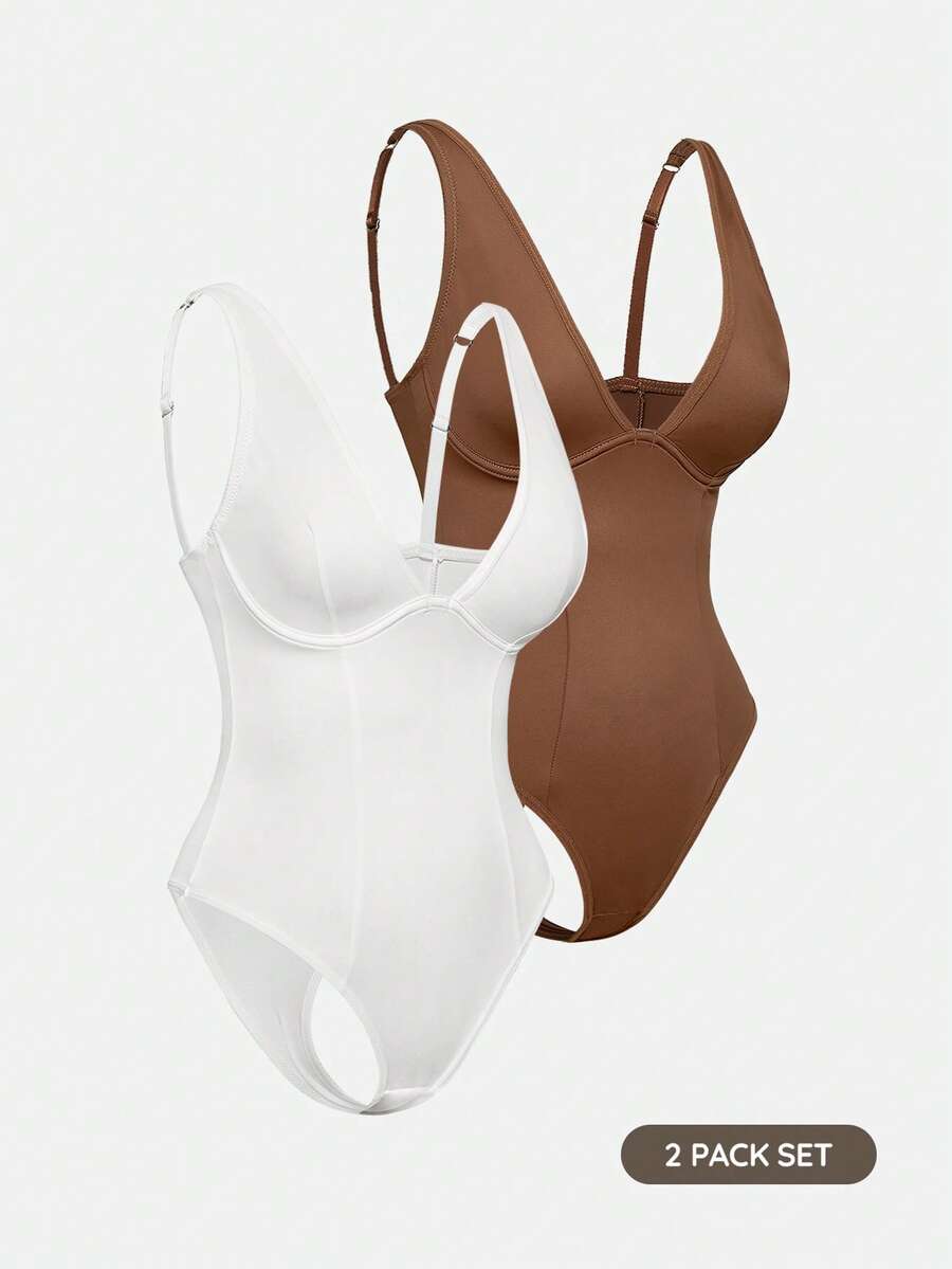 Apricot backless shapewear bodysuit with thong cut, cup details, and high-stretch fabric for light tummy support.