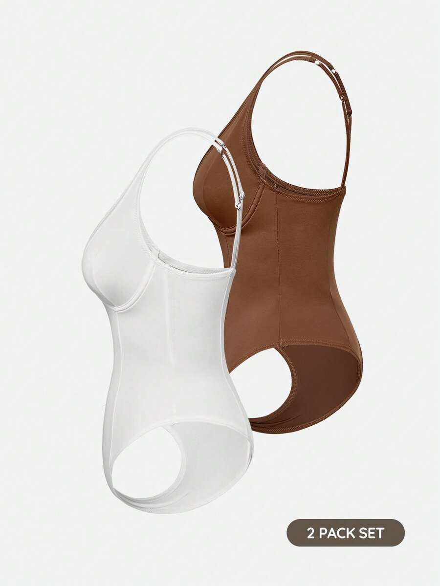 Apricot backless shapewear bodysuit with thong cut, cup details, and high-stretch fabric for light tummy support.