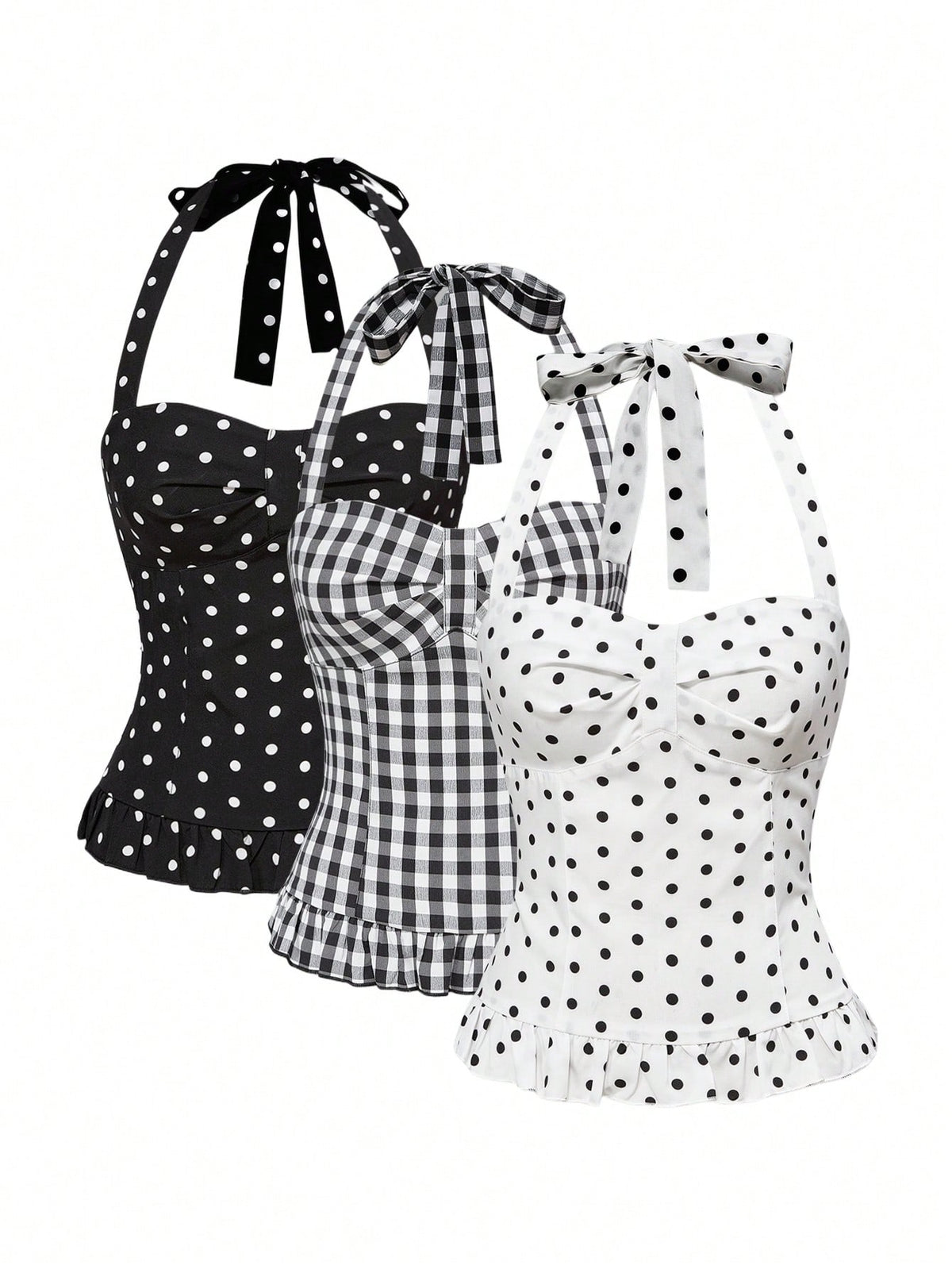 Pink plaid backless halter camisole set with ruched bust, knot detail, and ruffle hem for women.