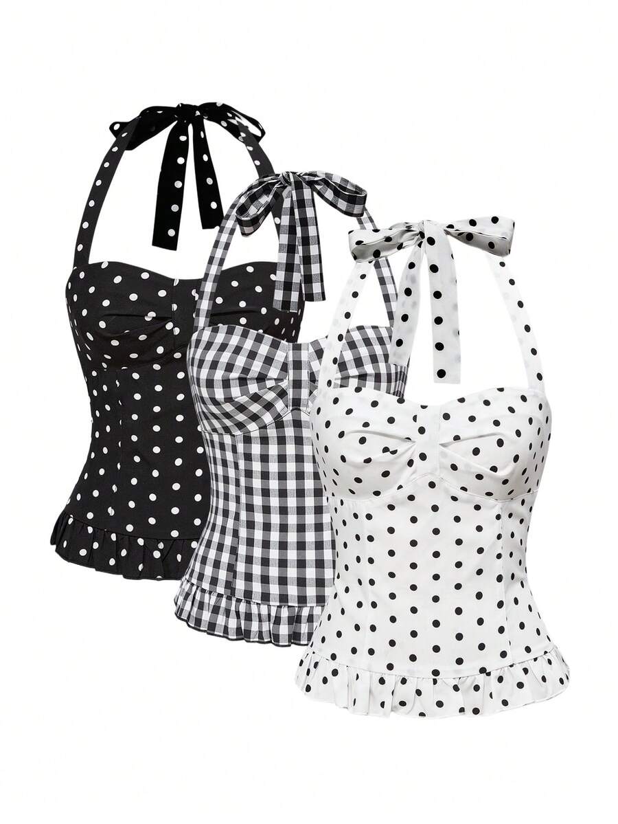 Pink plaid backless halter camisole set with ruched bust, knot detail, and ruffle hem for women.