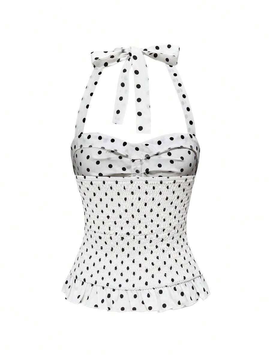 Pink plaid backless halter camisole set with ruched bust, knot detail, and ruffle hem for women.
