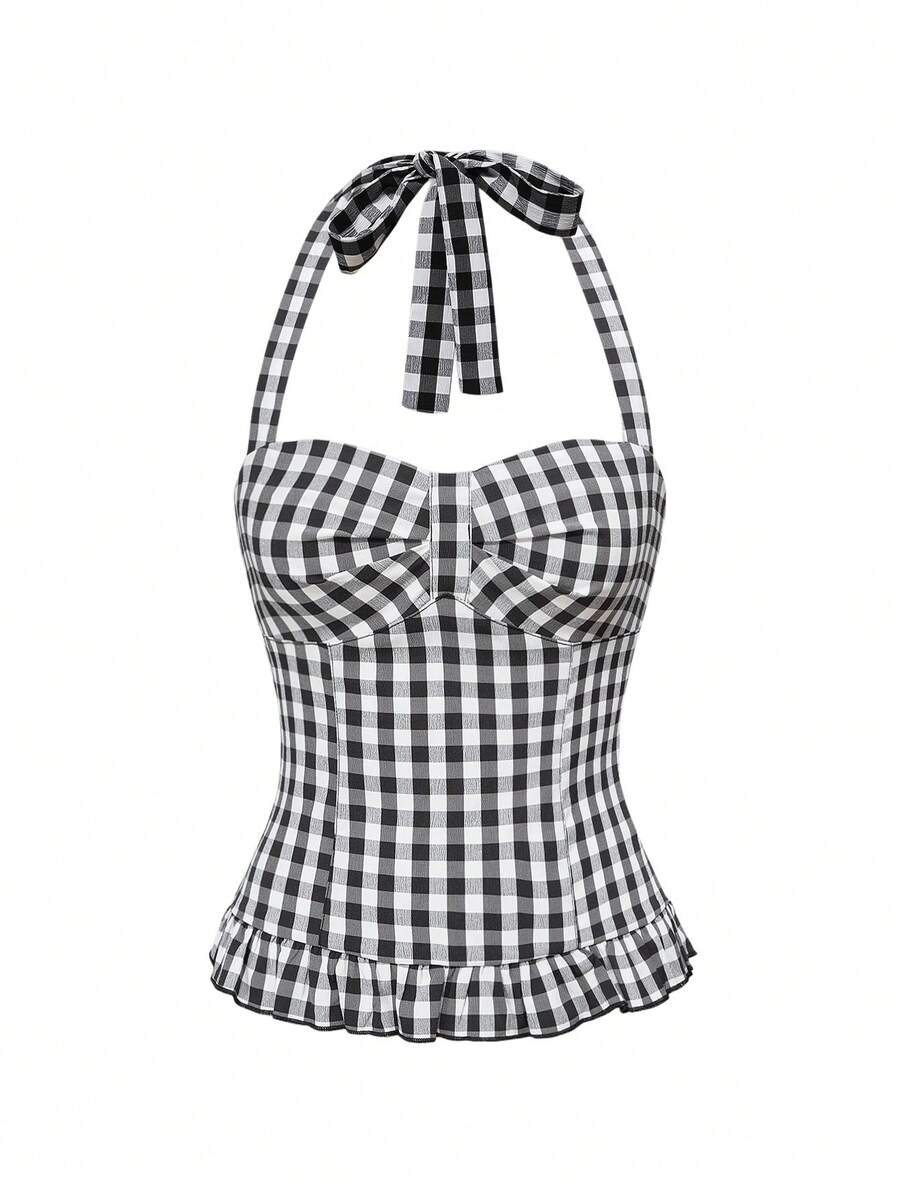 Pink plaid backless halter camisole set with ruched bust, knot detail, and ruffle hem for women.