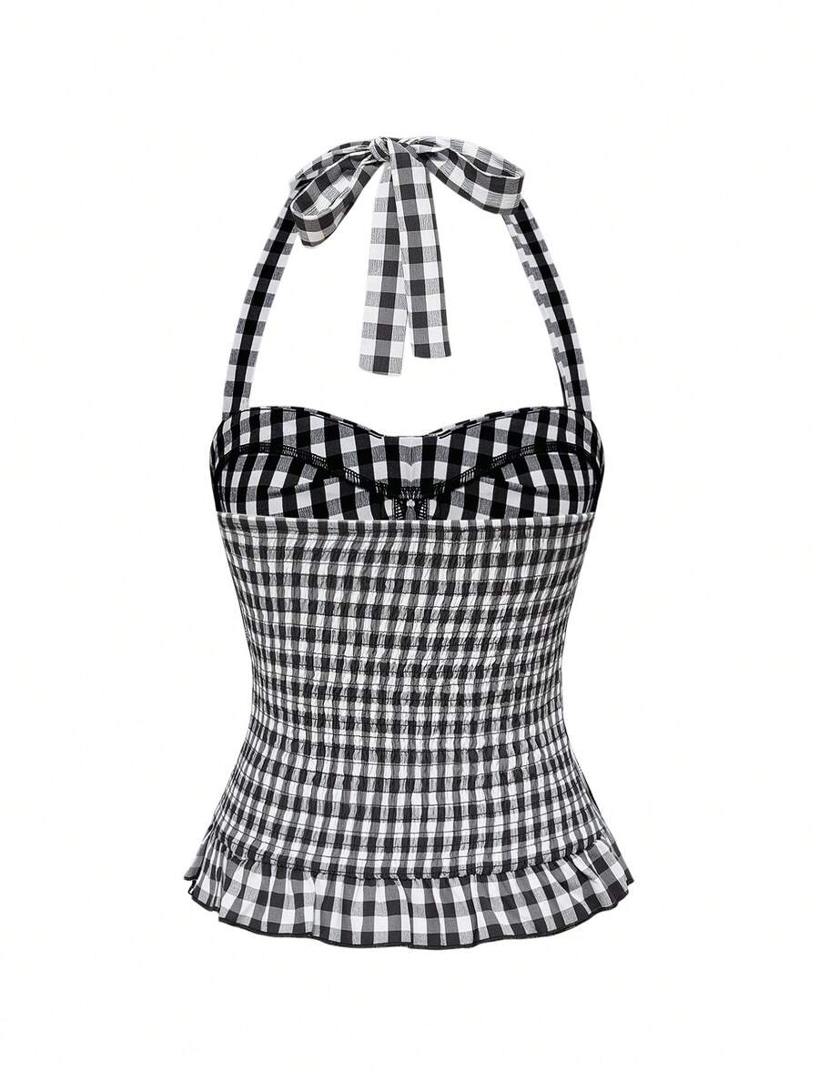 Pink plaid backless halter camisole set with ruched bust, knot detail, and ruffle hem for women.
