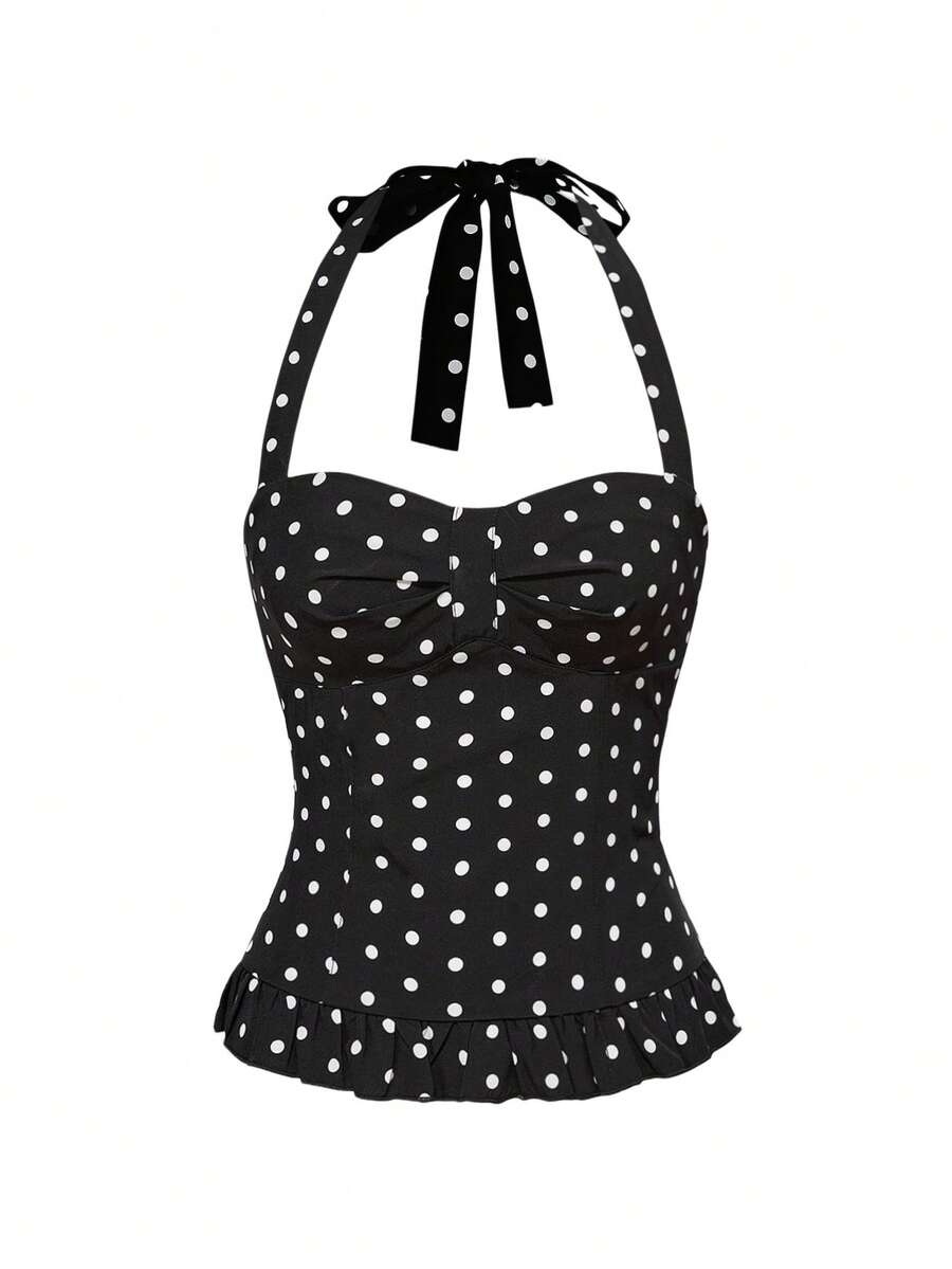 Pink plaid backless halter camisole set with ruched bust, knot detail, and ruffle hem for women.