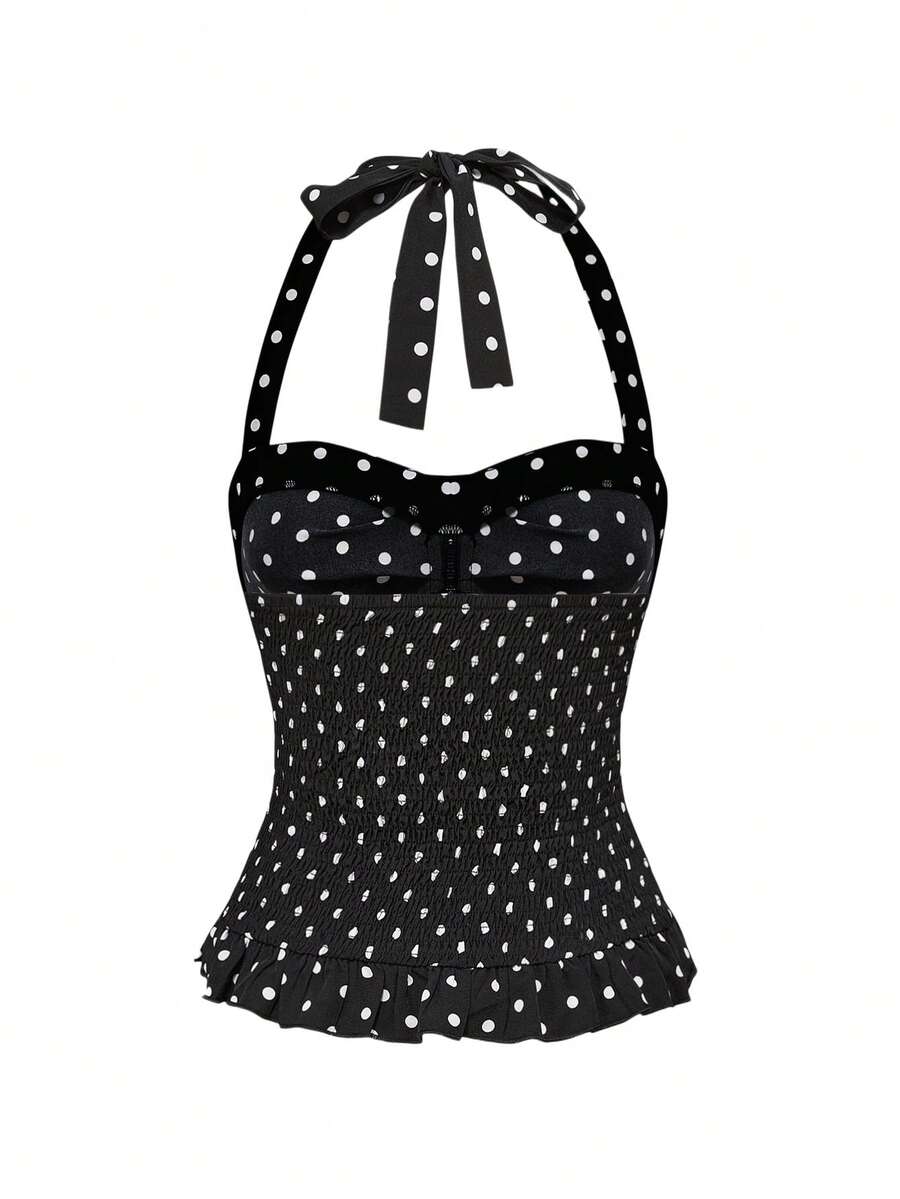 Pink plaid backless halter camisole set with ruched bust, knot detail, and ruffle hem for women.