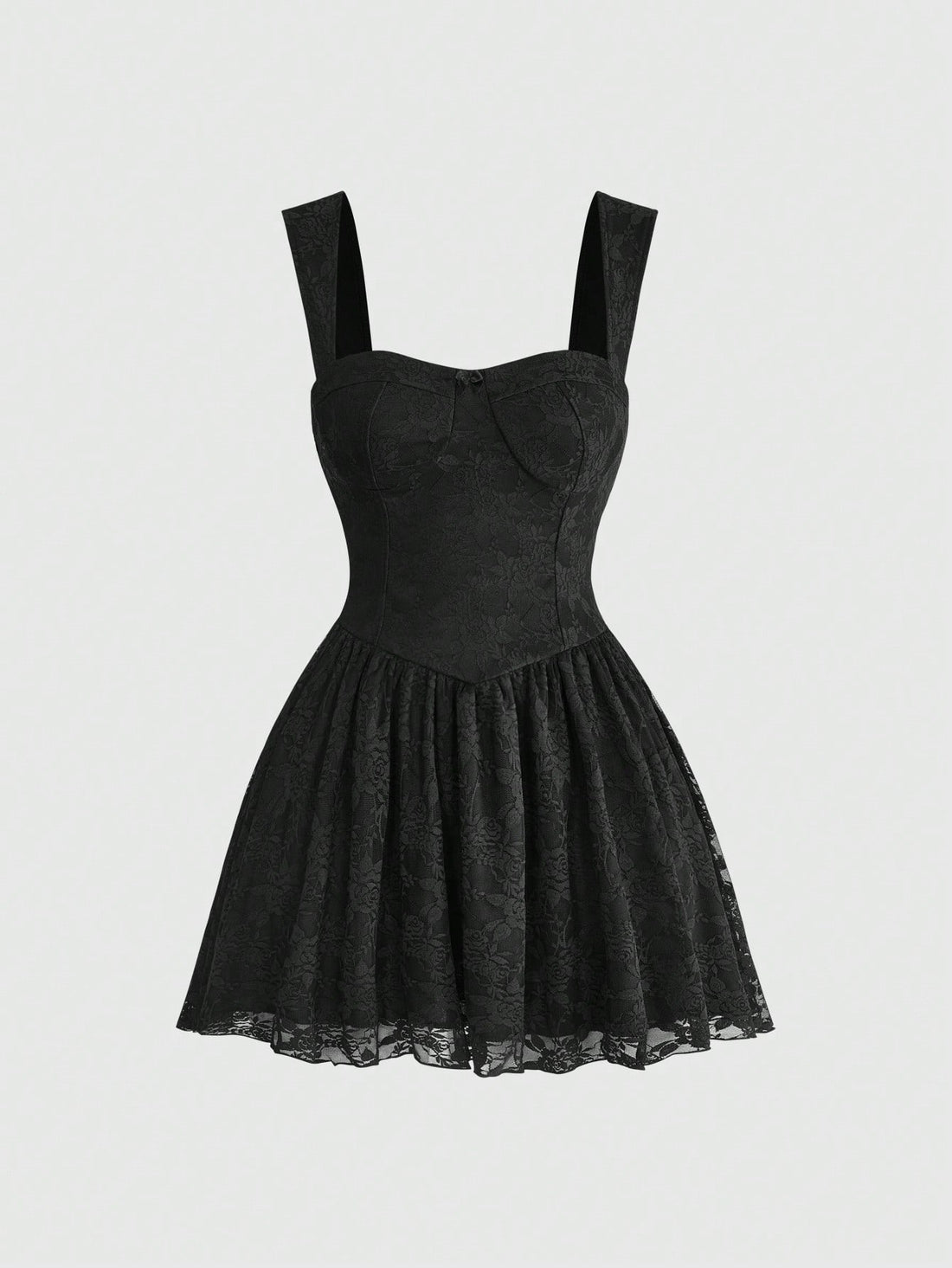 Front view of a women's black lace goth cami mini dress with shoulder straps, high waist flared hem, and matching lace arm sleeves.