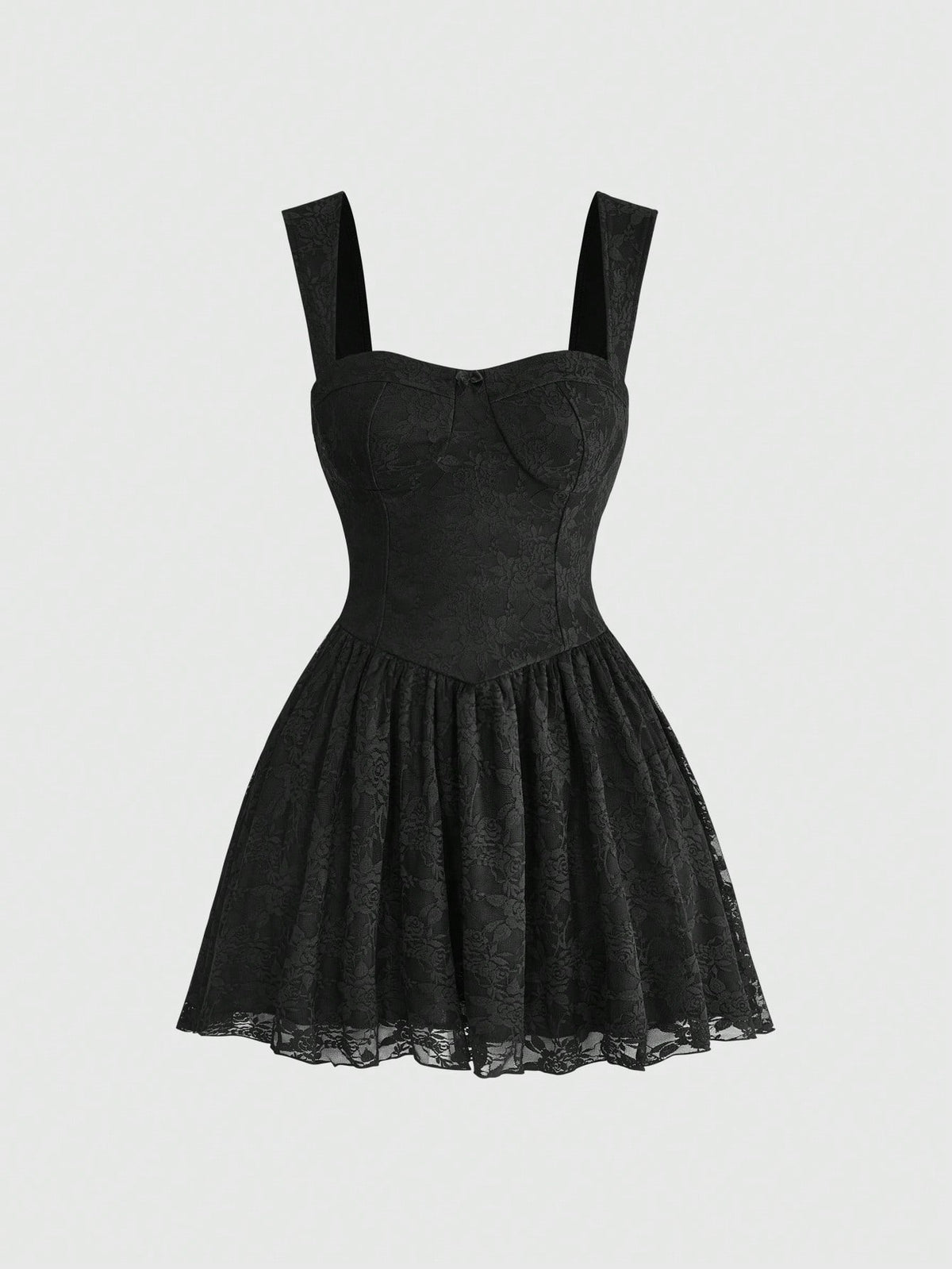 Front view of a women's black lace goth cami mini dress with shoulder straps, high waist flared hem, and matching lace arm sleeves.