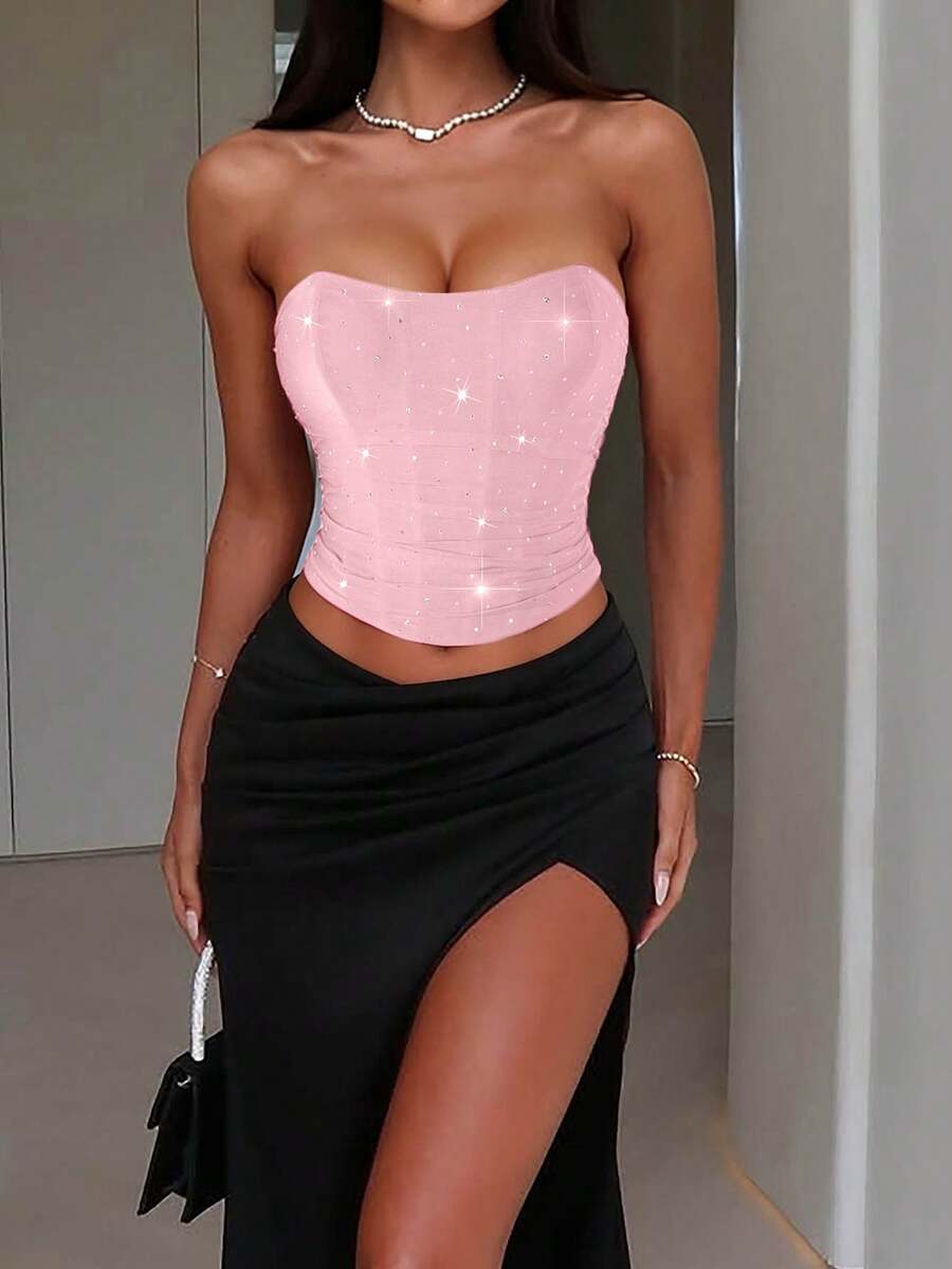 White strapless asymmetrical ruched crop top for women with lace-up side details.