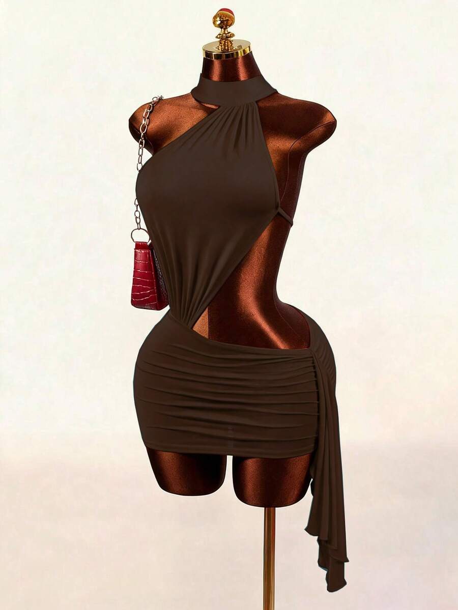 Women's black halter hollow out mini bodycon dress featuring backless asymmetrical knot details and a slim pencil fit.