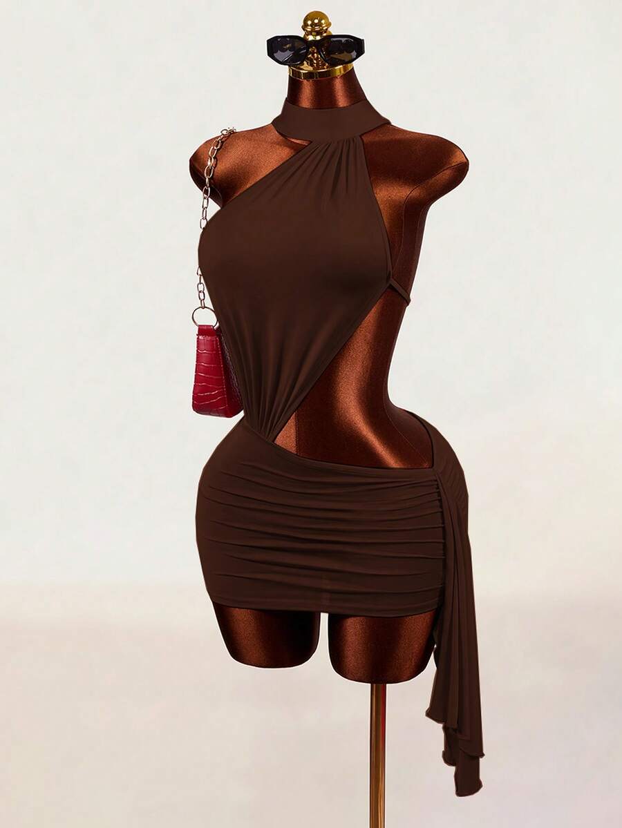 Women's black halter hollow out mini bodycon dress featuring backless asymmetrical knot details and a slim pencil fit.