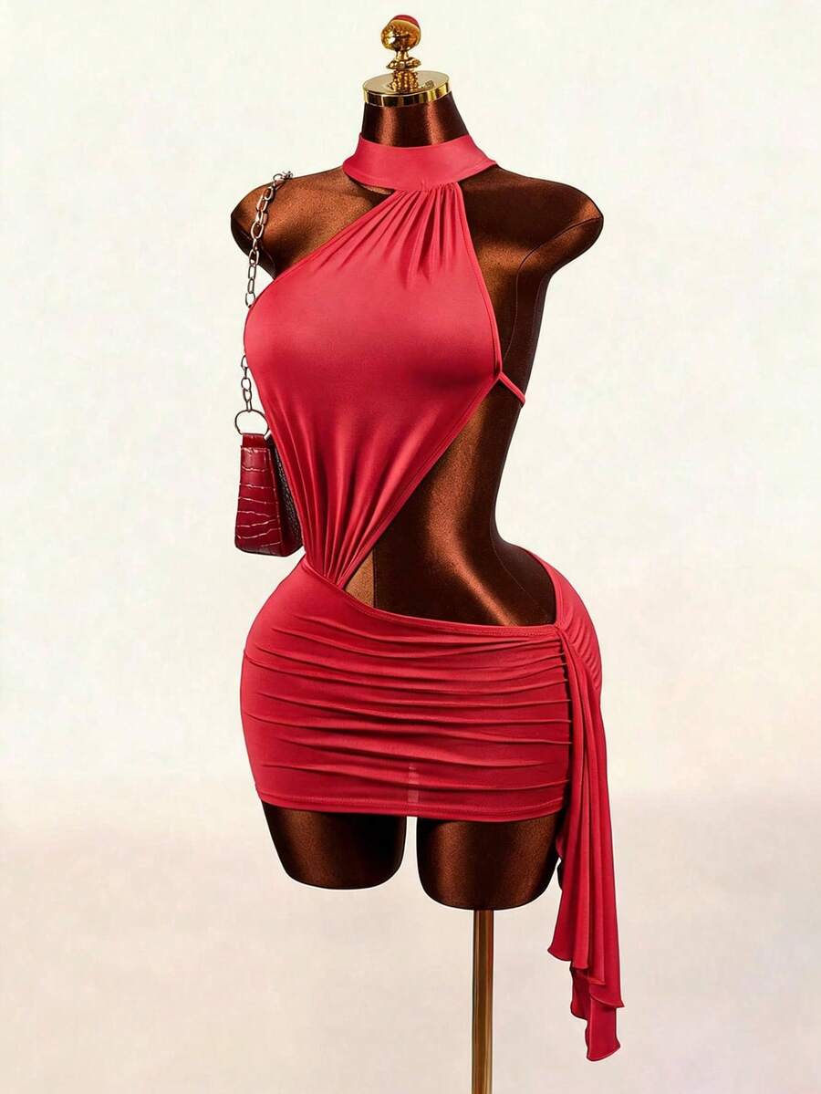 Women's black halter hollow out mini bodycon dress featuring backless asymmetrical knot details and a slim pencil fit.