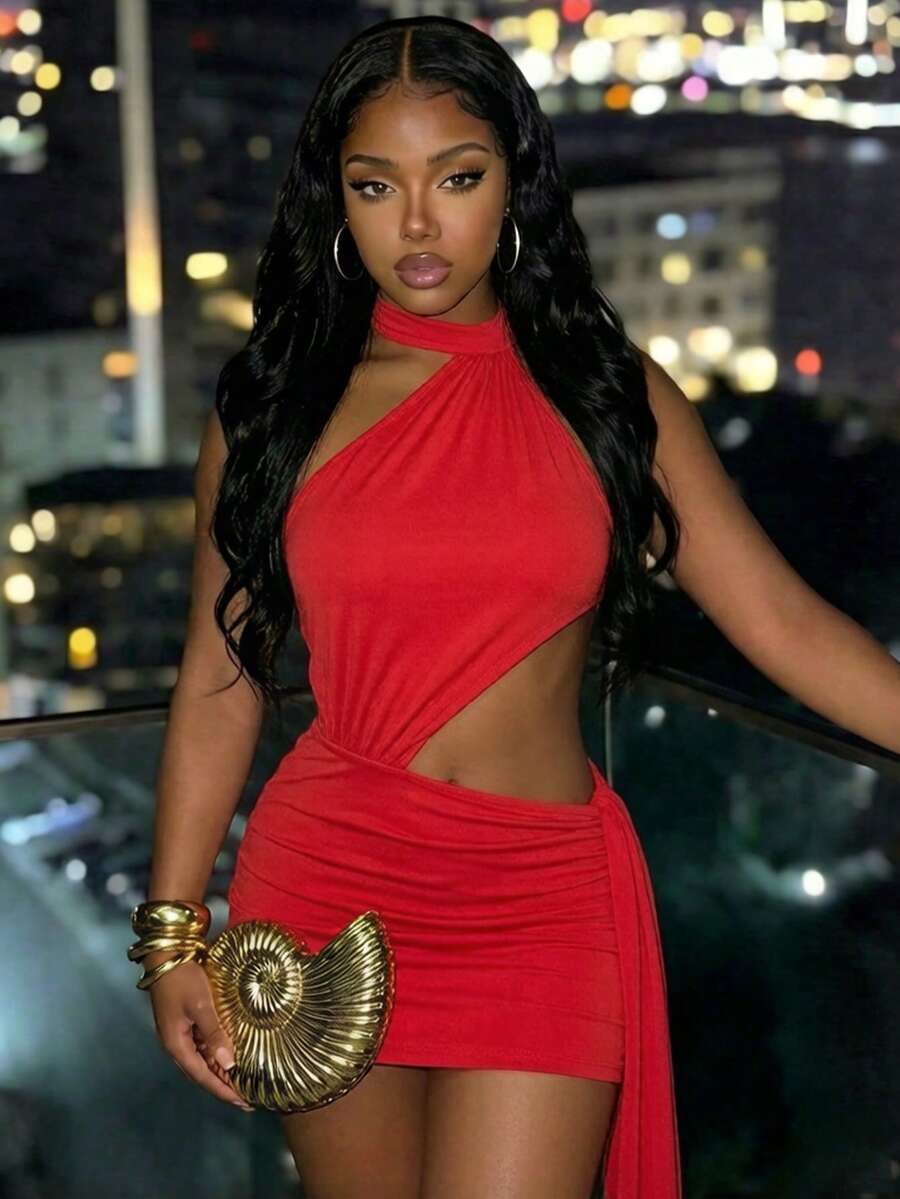 Women's black halter hollow out mini bodycon dress featuring backless asymmetrical knot details and a slim pencil fit.