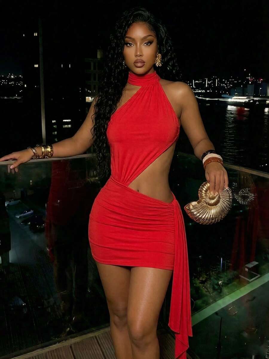 Women's black halter hollow out mini bodycon dress featuring backless asymmetrical knot details and a slim pencil fit.