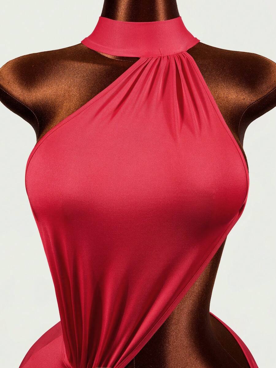 Women's black halter hollow out mini bodycon dress featuring backless asymmetrical knot details and a slim pencil fit.