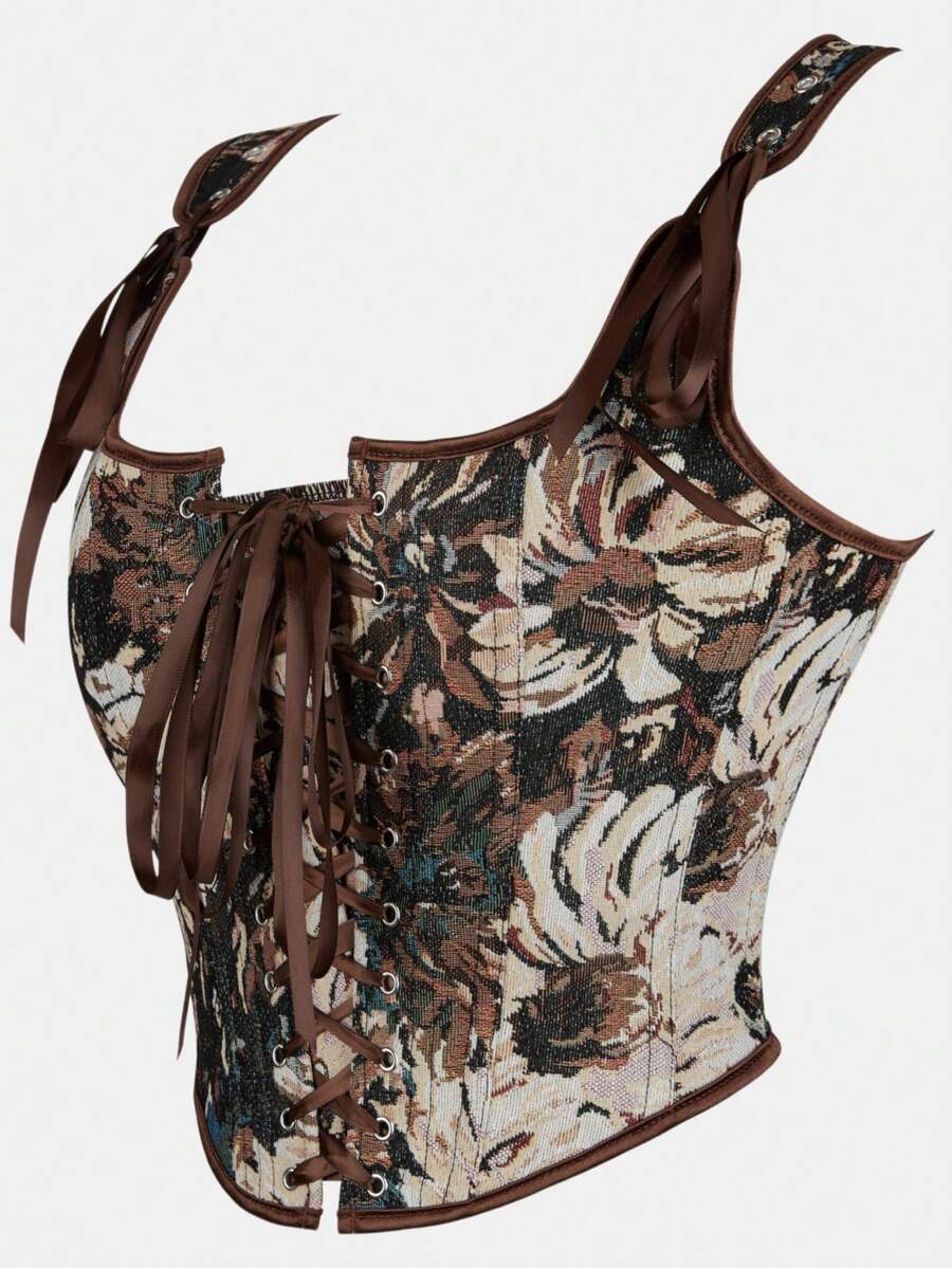 Women's retro floral print bustier top with shoulder straps, lace-up tie back, zipper, and boned construction in a romantic vintage style.
