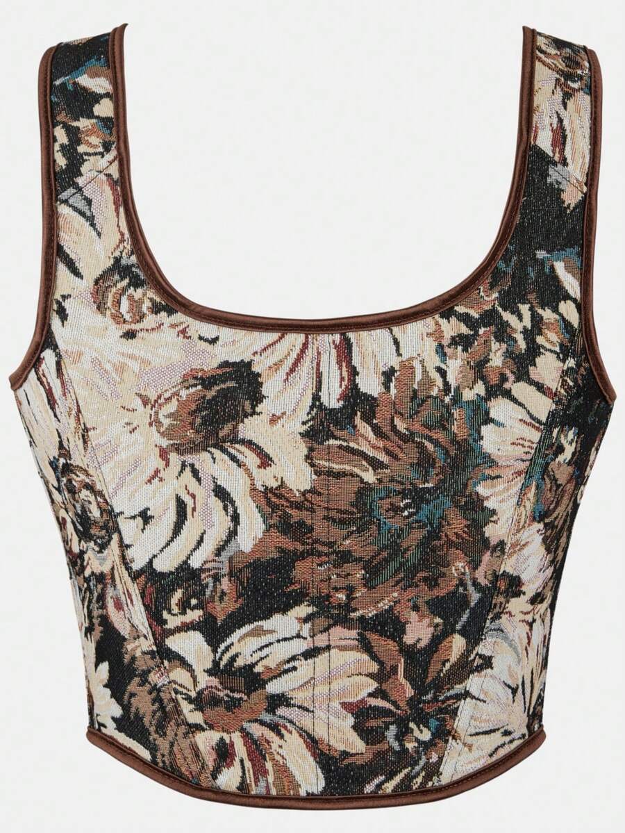 Women's retro floral print bustier top with shoulder straps, lace-up tie back, zipper, and boned construction in a romantic vintage style.