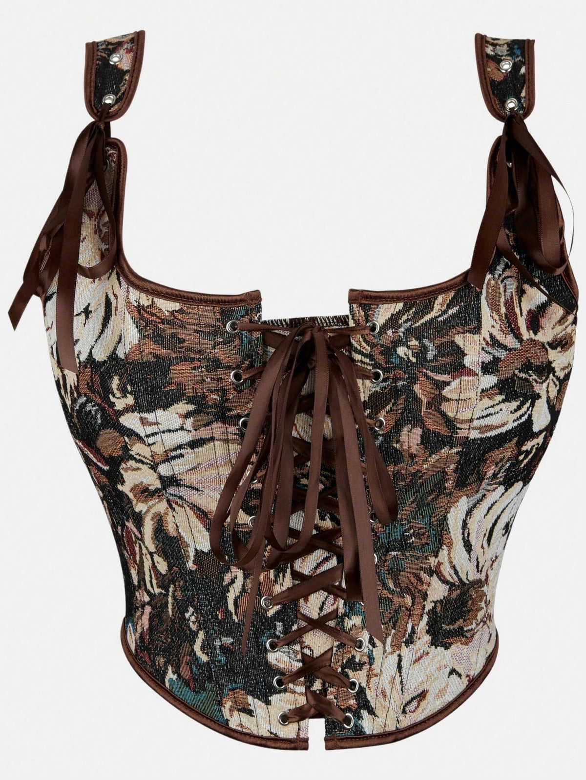 Women's retro floral print bustier top with shoulder straps, lace-up tie back, zipper, and boned construction in a romantic vintage style.