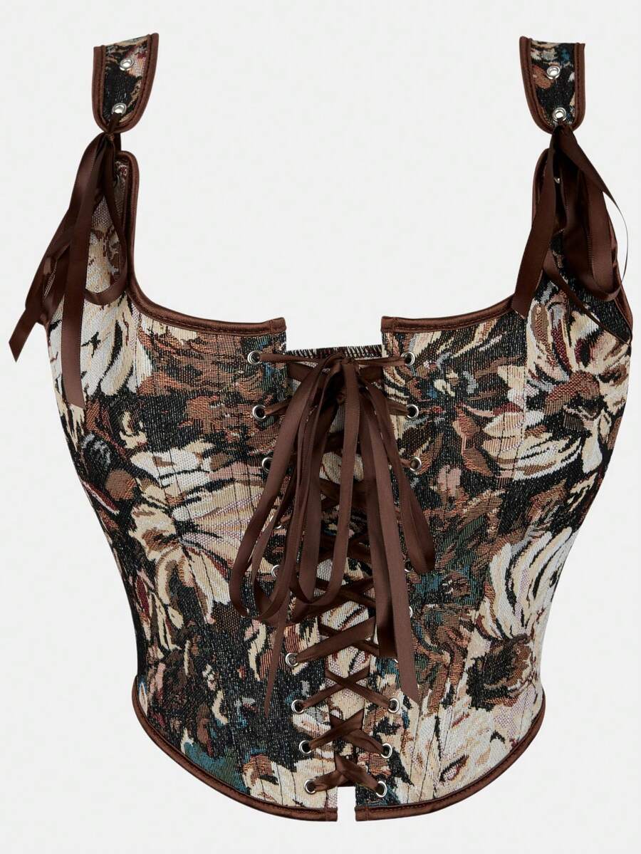 Women's retro floral print bustier top with shoulder straps, lace-up tie back, zipper, and boned construction in a romantic vintage style.