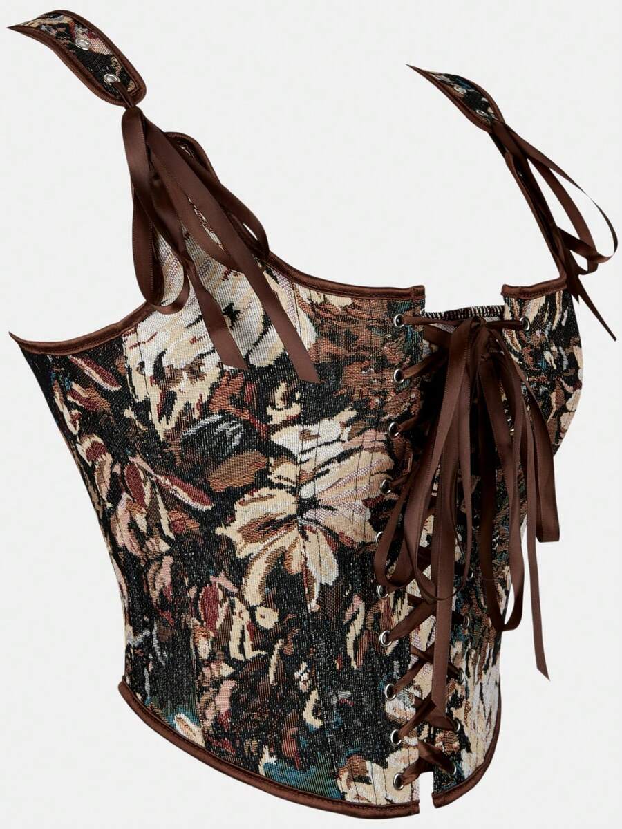 Women's retro floral print bustier top with shoulder straps, lace-up tie back, zipper, and boned construction in a romantic vintage style.
