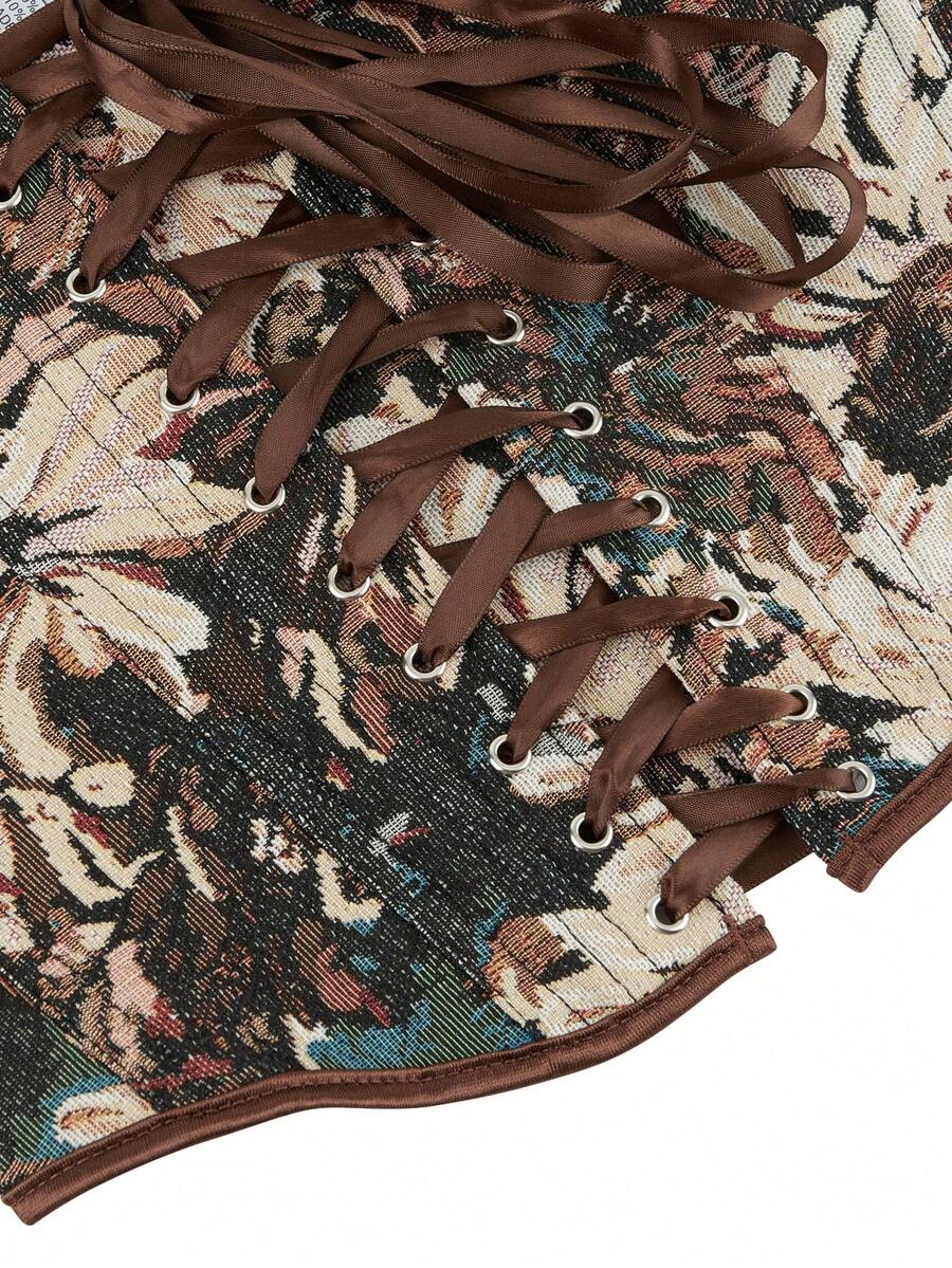 Women's retro floral print bustier top with shoulder straps, lace-up tie back, zipper, and boned construction in a romantic vintage style.